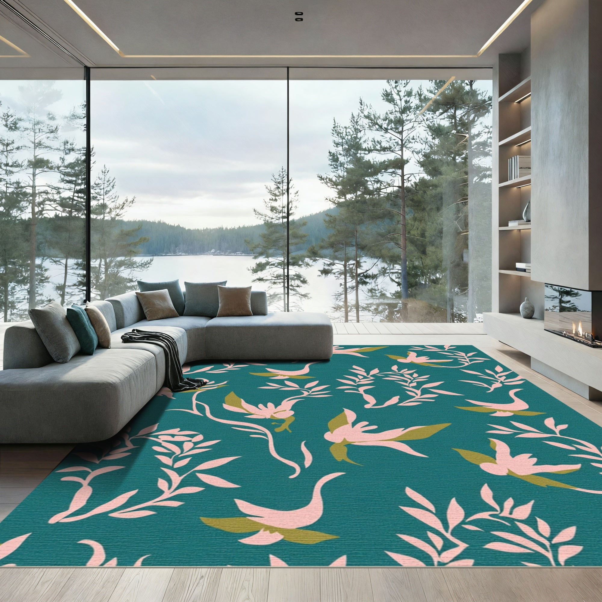 Teal Pink Botanical Bird Garland Rug