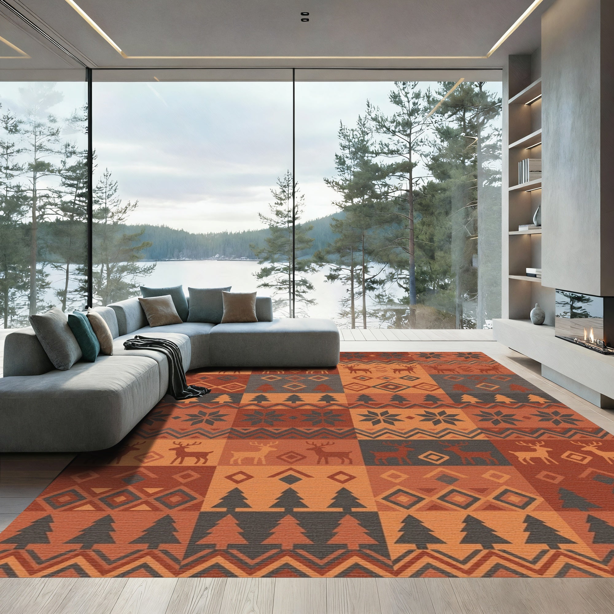 Rustic Autumn Deer Trees Stars Rug
