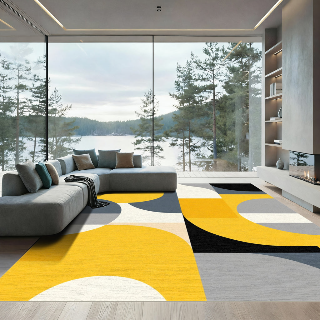 Abstract Yellow Gray Geometric Shapes Rug