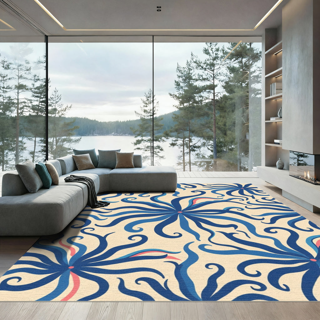 Blue Ivory Floral Swirl Rug