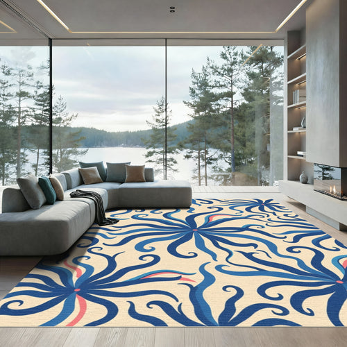 Blue Ivory Floral Swirl Rug