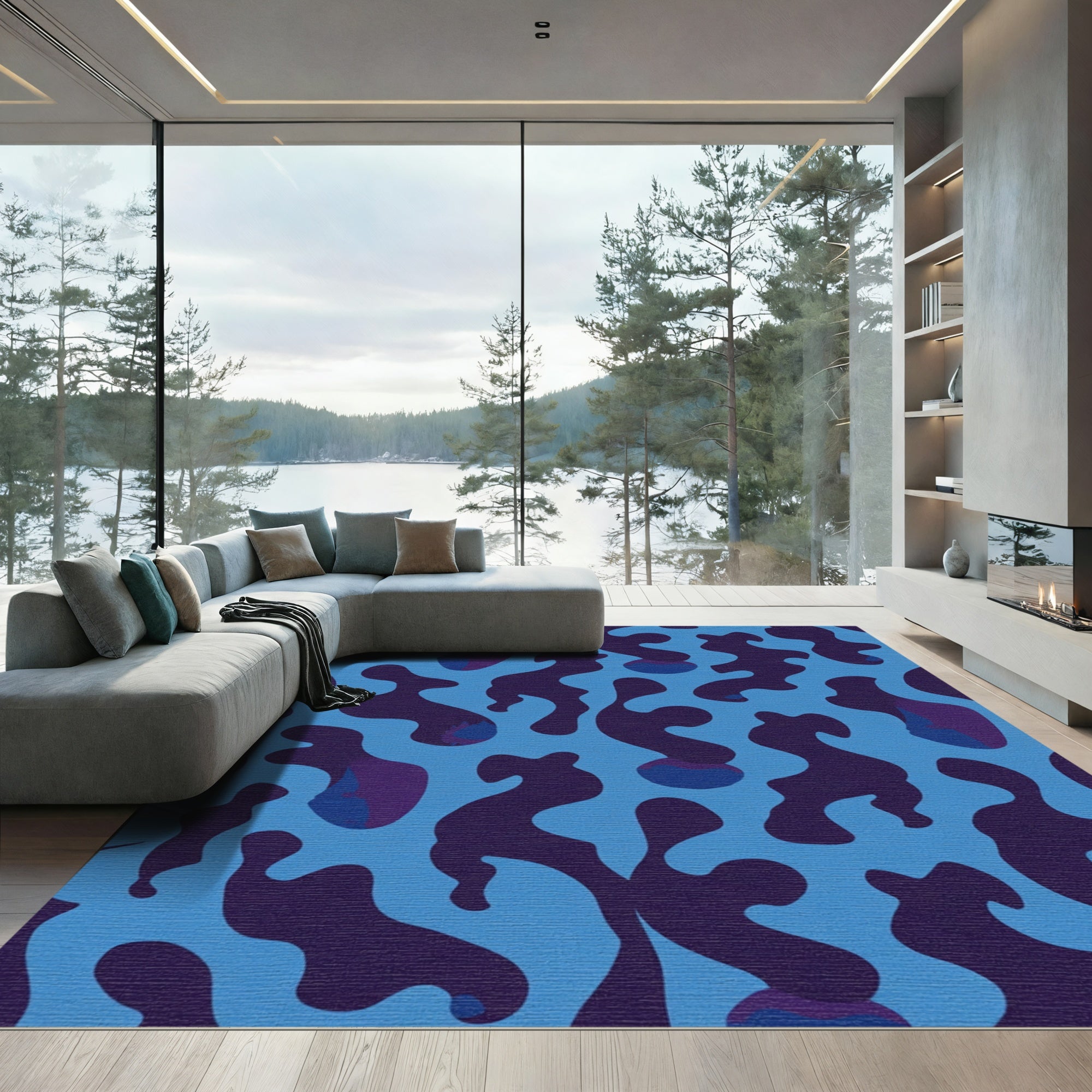 Abstract Blue Organic Fluid Rug