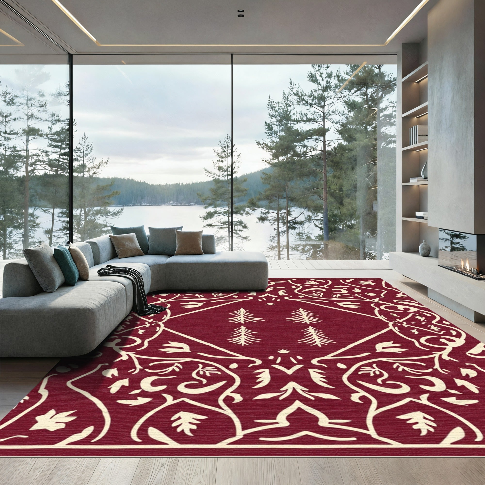 Crimson Floral Medallion Evergreen Trees Rug