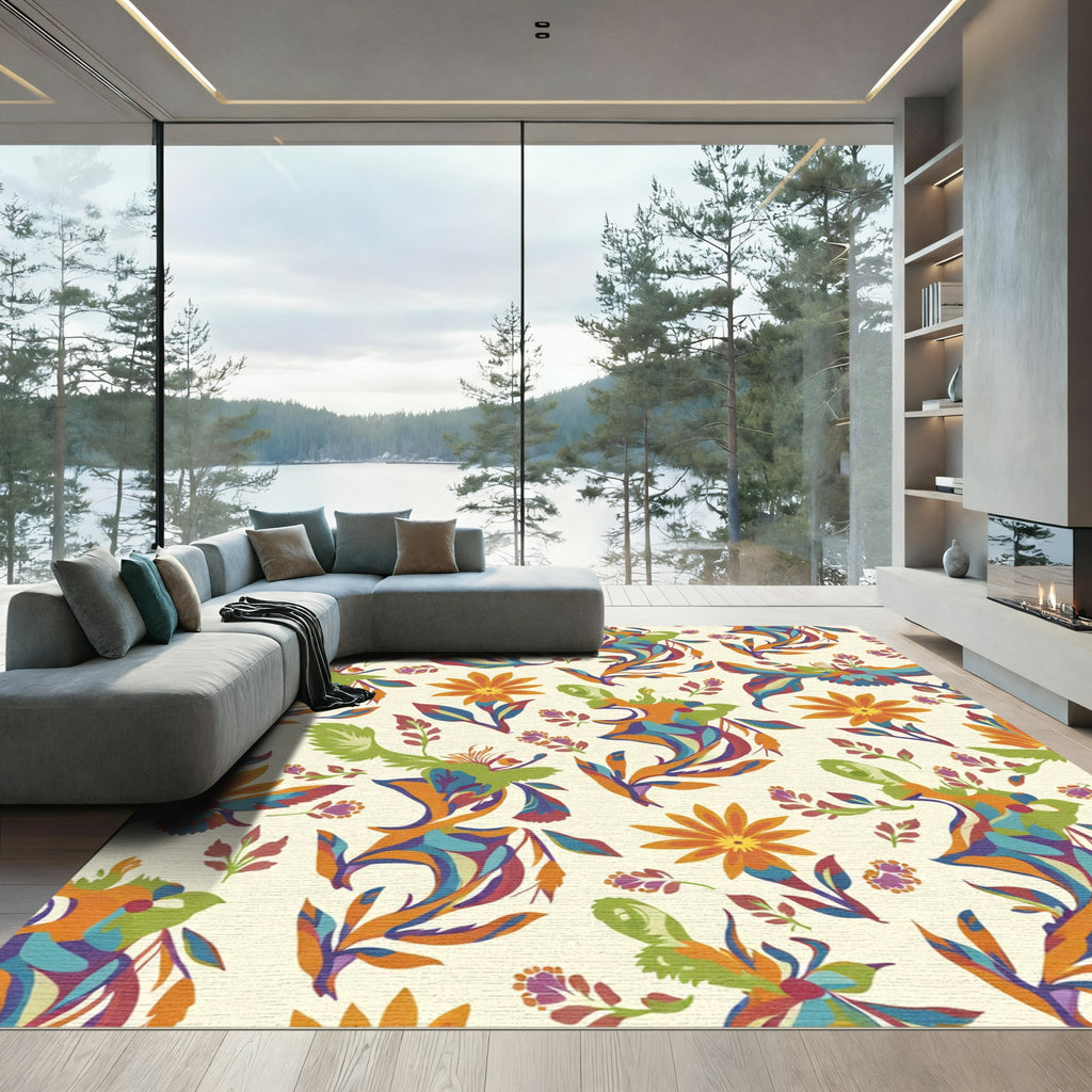 Vibrant Orange Floral Swirl Composition Rug
