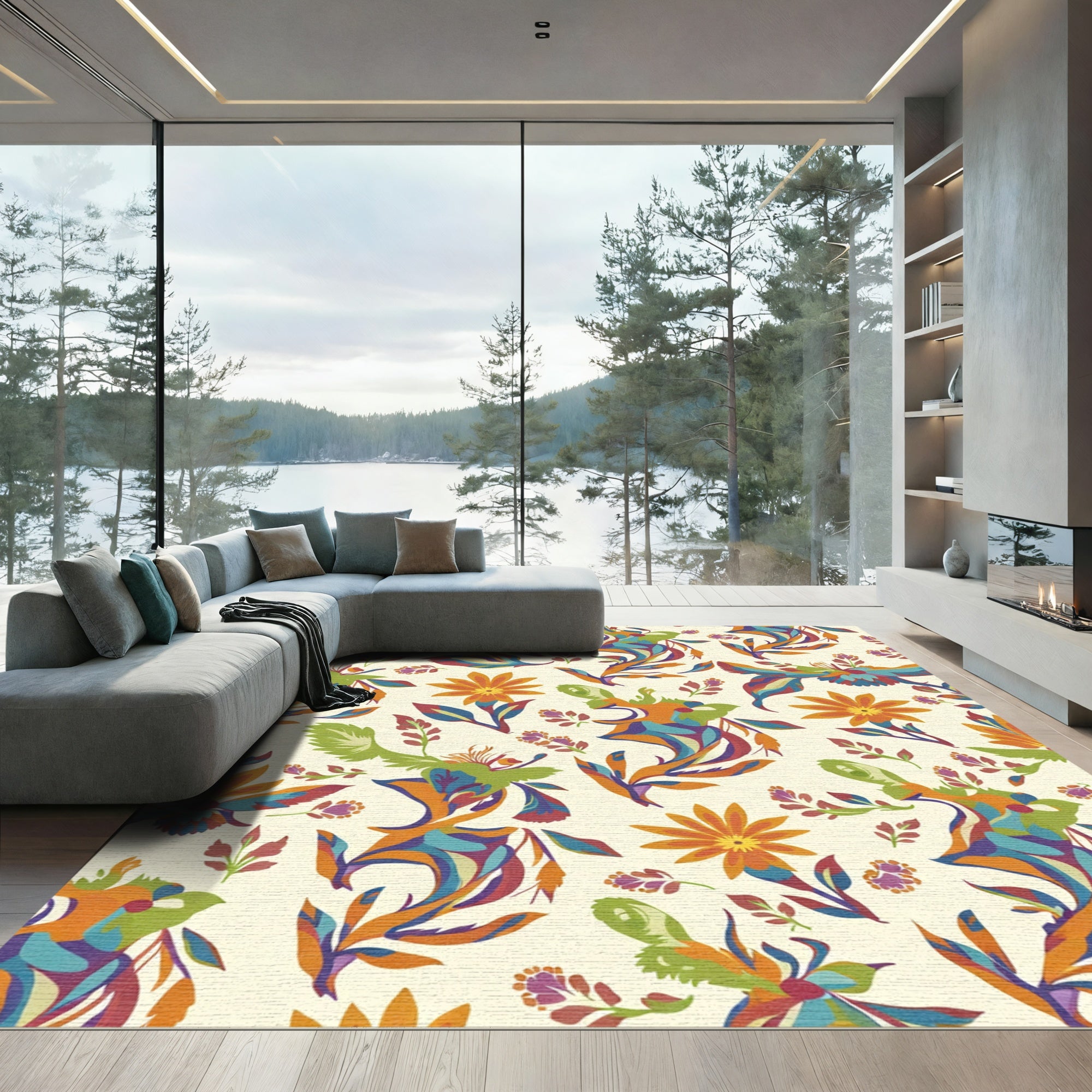 Vibrant Orange Floral Swirl Composition Rug