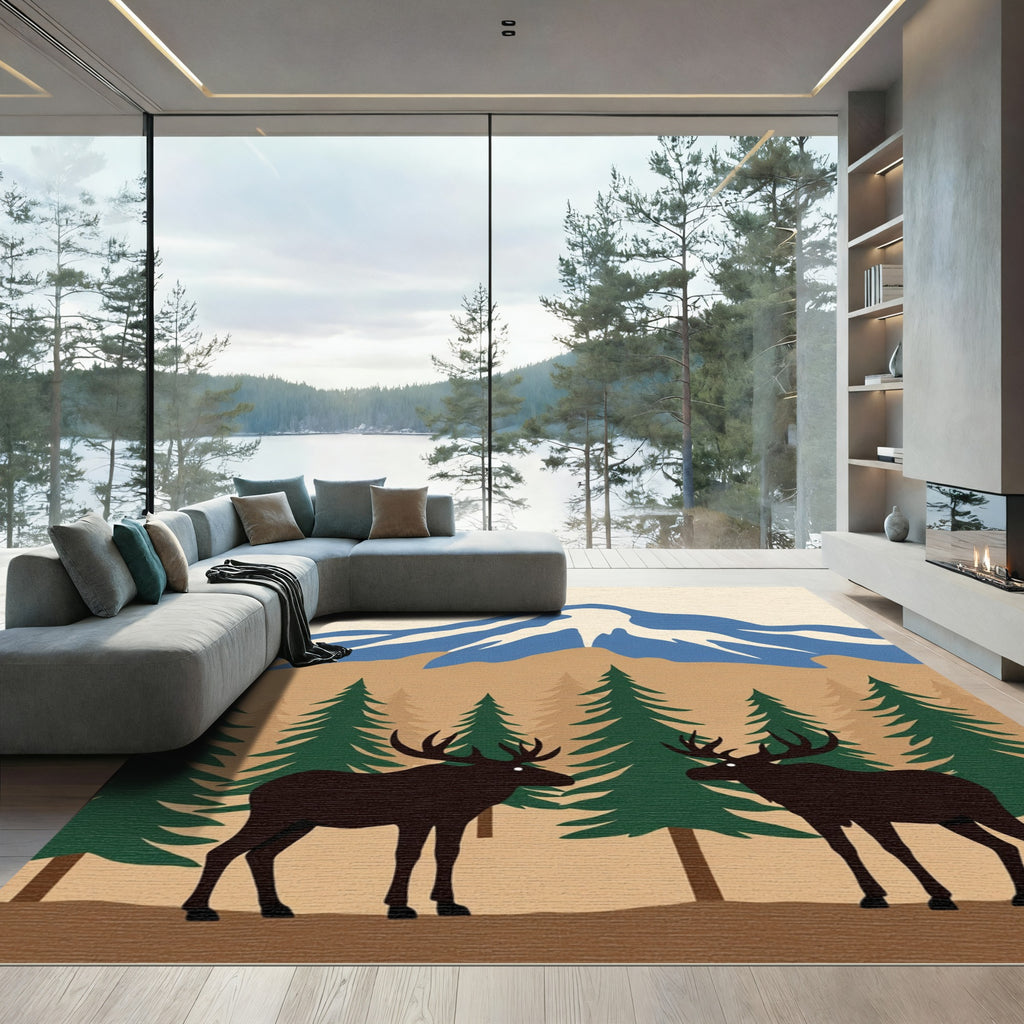 Rustic Moose Forest Mountain Scene Rug