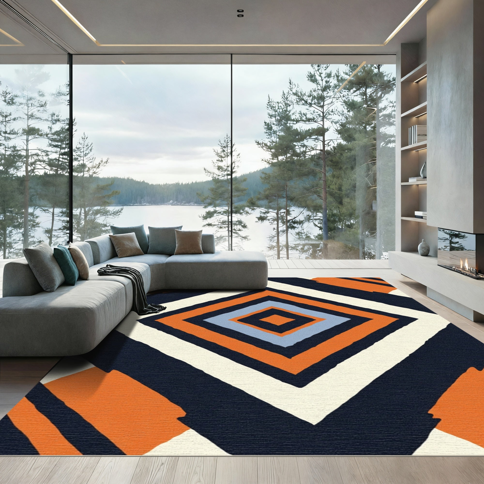 Orange Navy Diamond Composition Rug