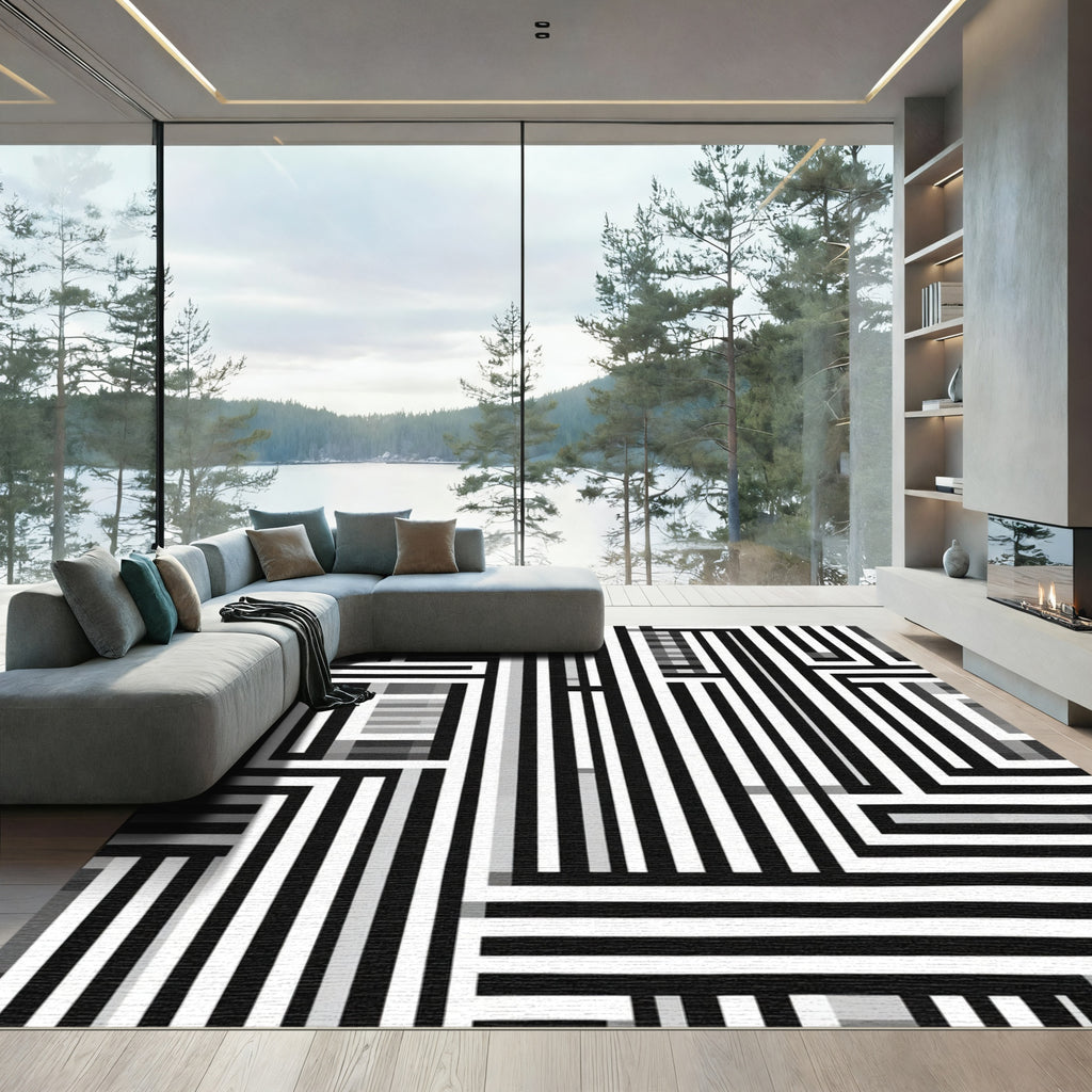 Bold Black White Geometric Path Rug