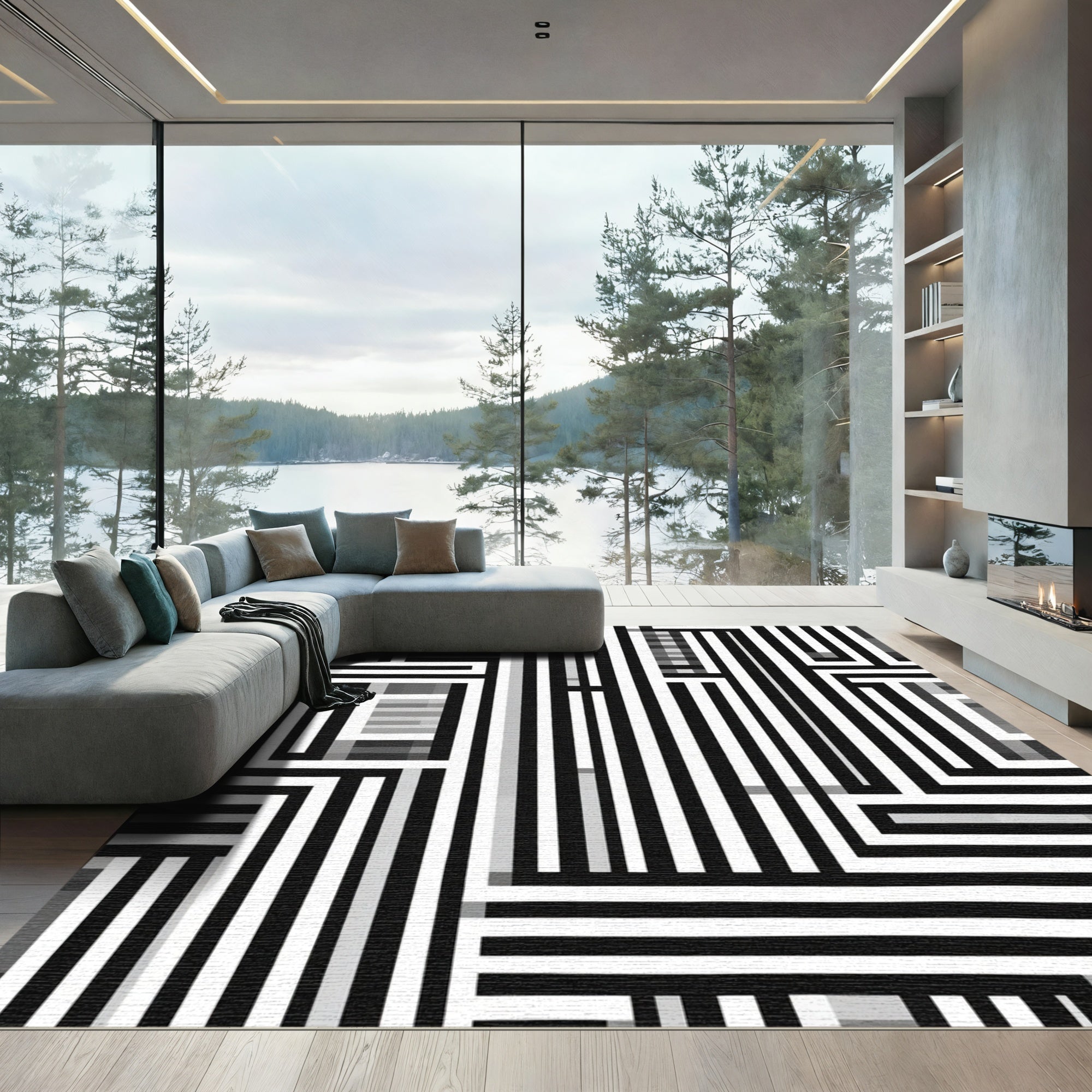 Bold Black White Geometric Path Rug