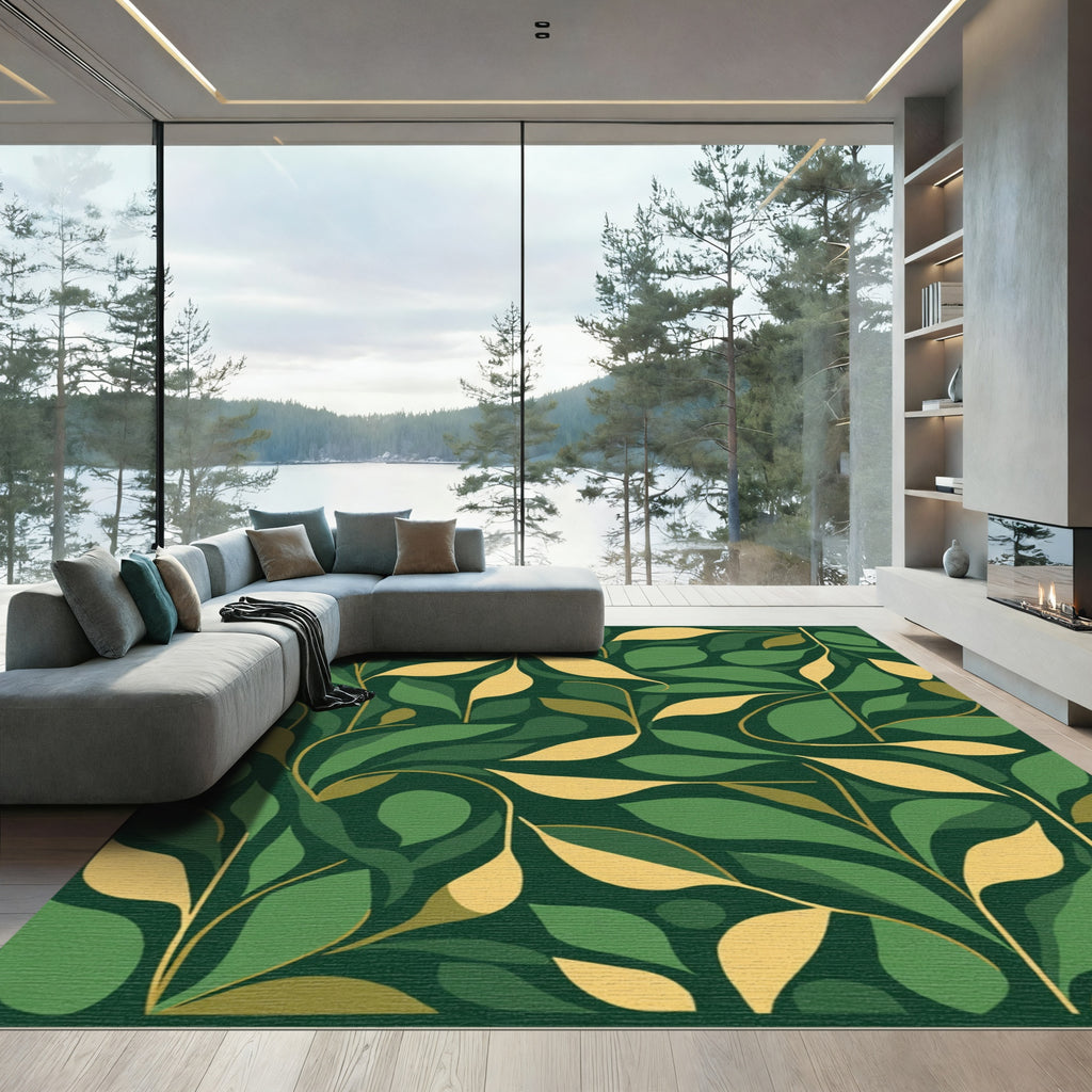 Deep Green Branch Leaf Swirl Rug