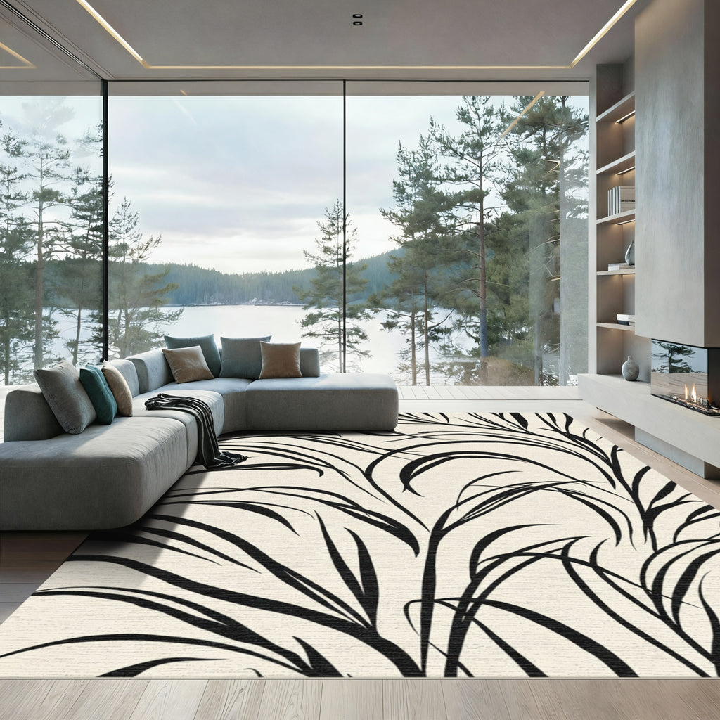 Black Swirling Vine Abstract Rug