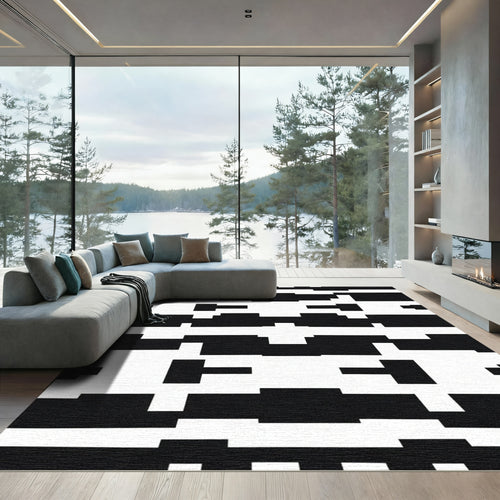 Bold Black White Geometric Block Rug