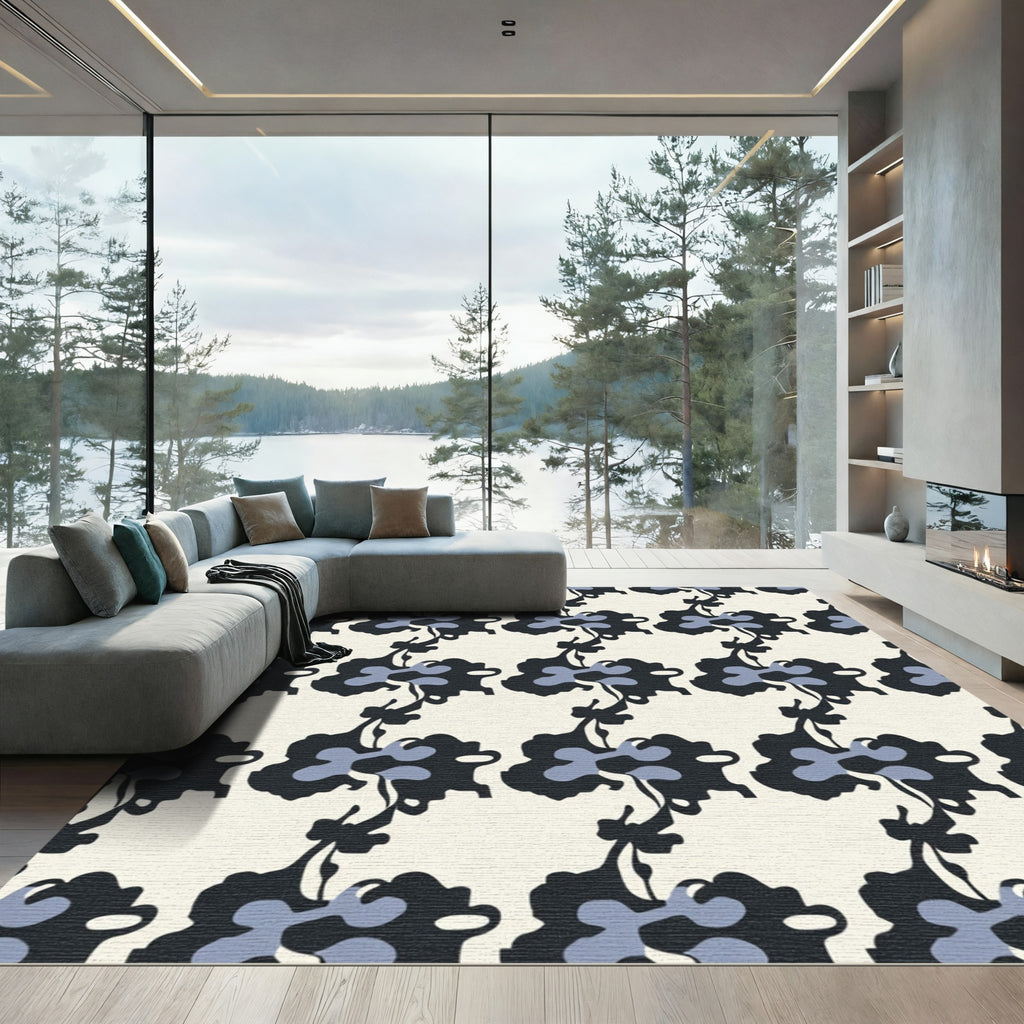 Abstract Black Blue Floral Swirl Rug