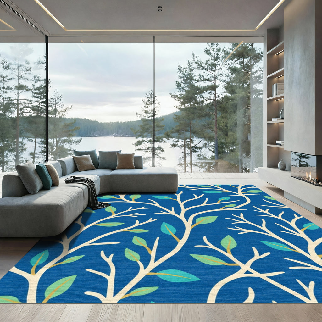 Midnight Blue Branch Leaf Arrangement Rug