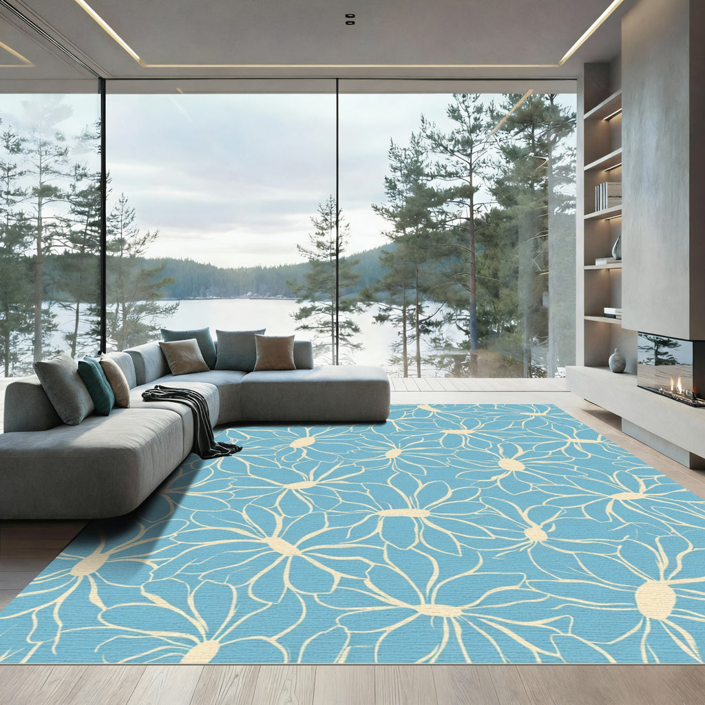 Sky Blue Outline Daisy Blooms Rug