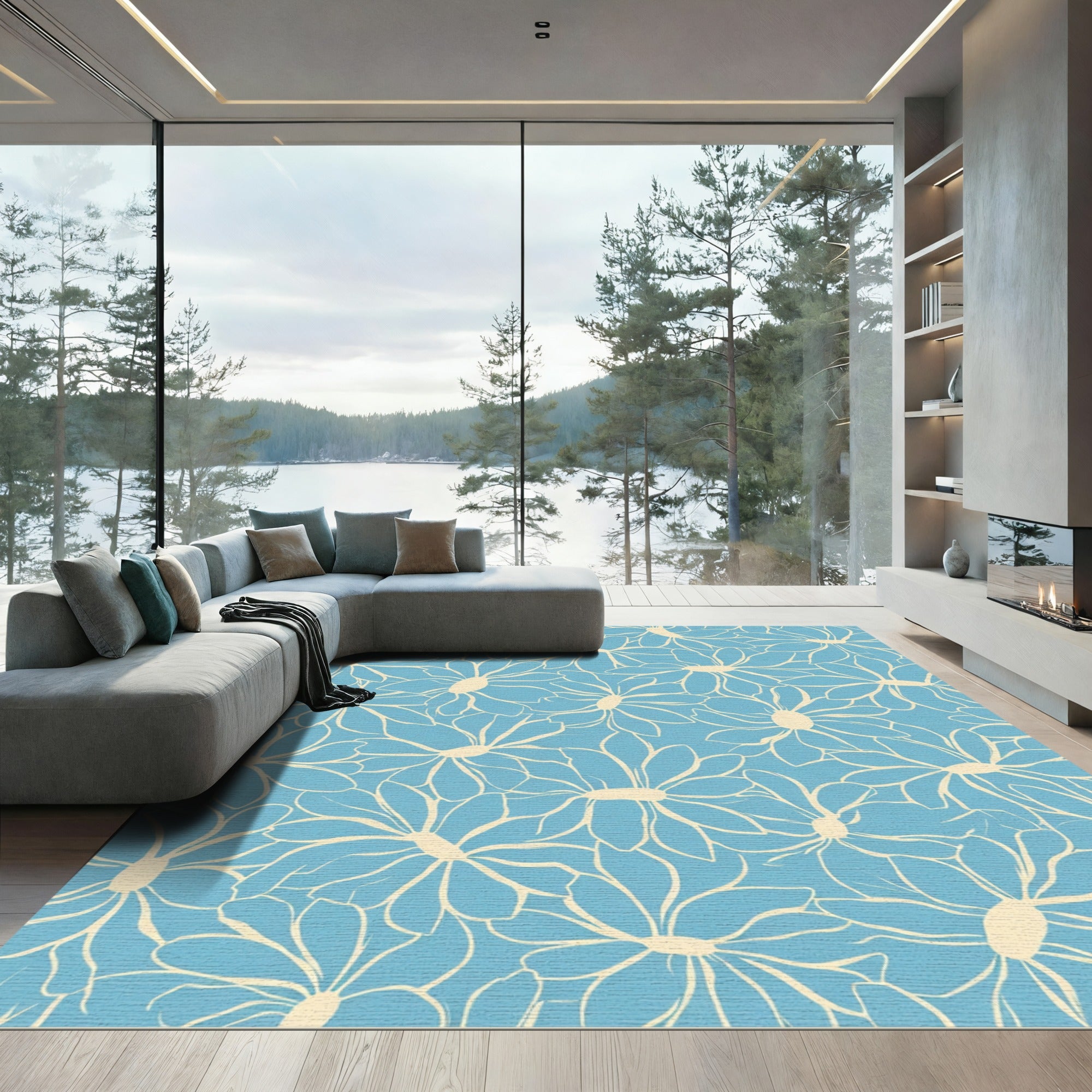 Sky Blue Outline Daisy Blooms Rug