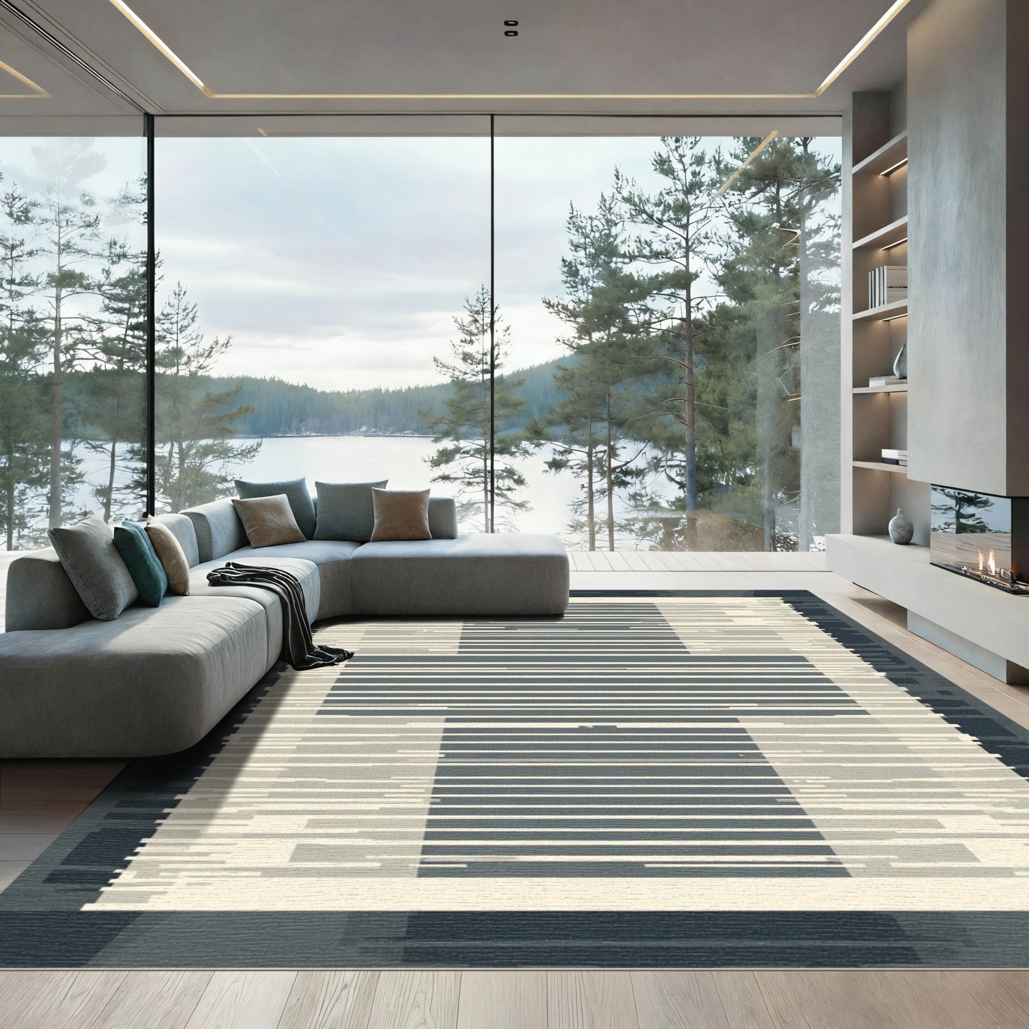 Geometric Glitch Monochrome Stripe Rug