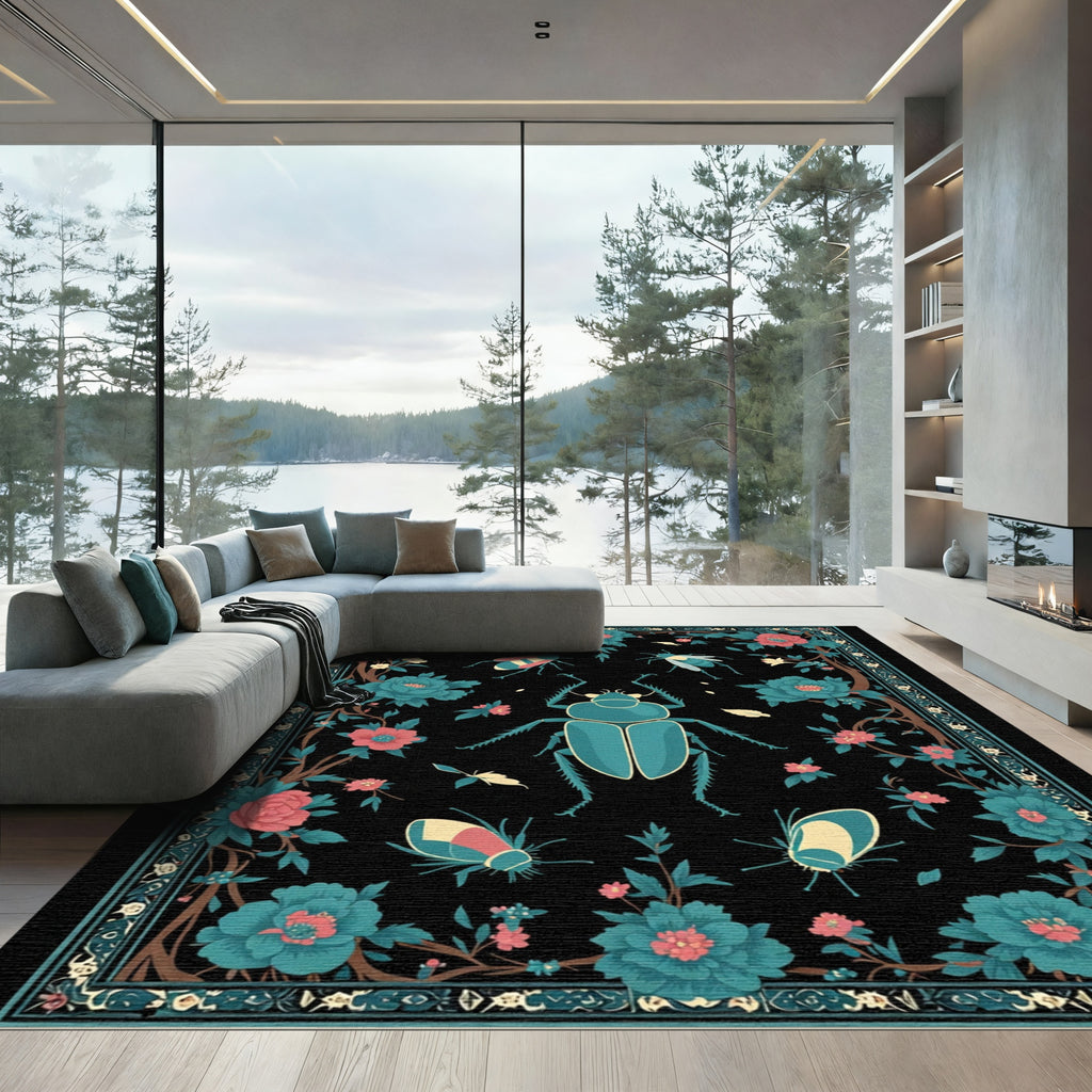 Teal Beetle Coral Flower Garden Rug