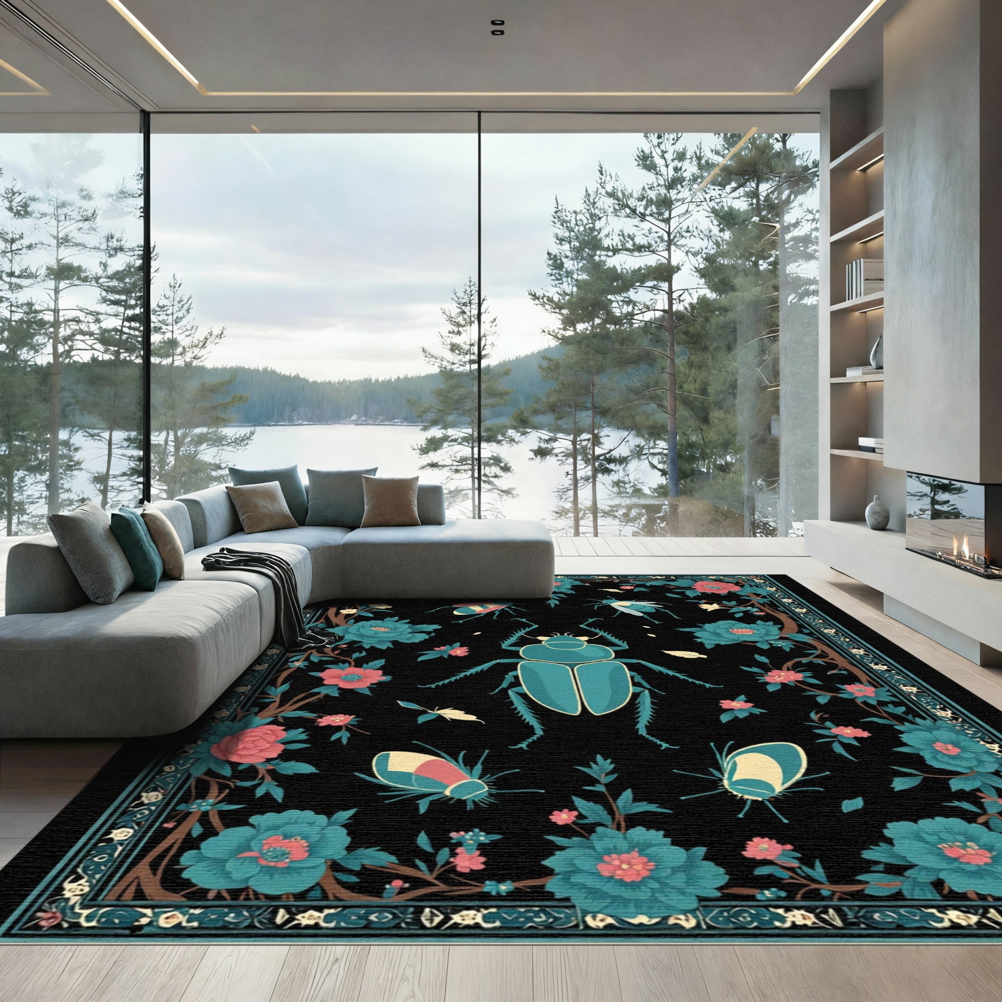 Teal Beetle Coral Flower Garden Rug