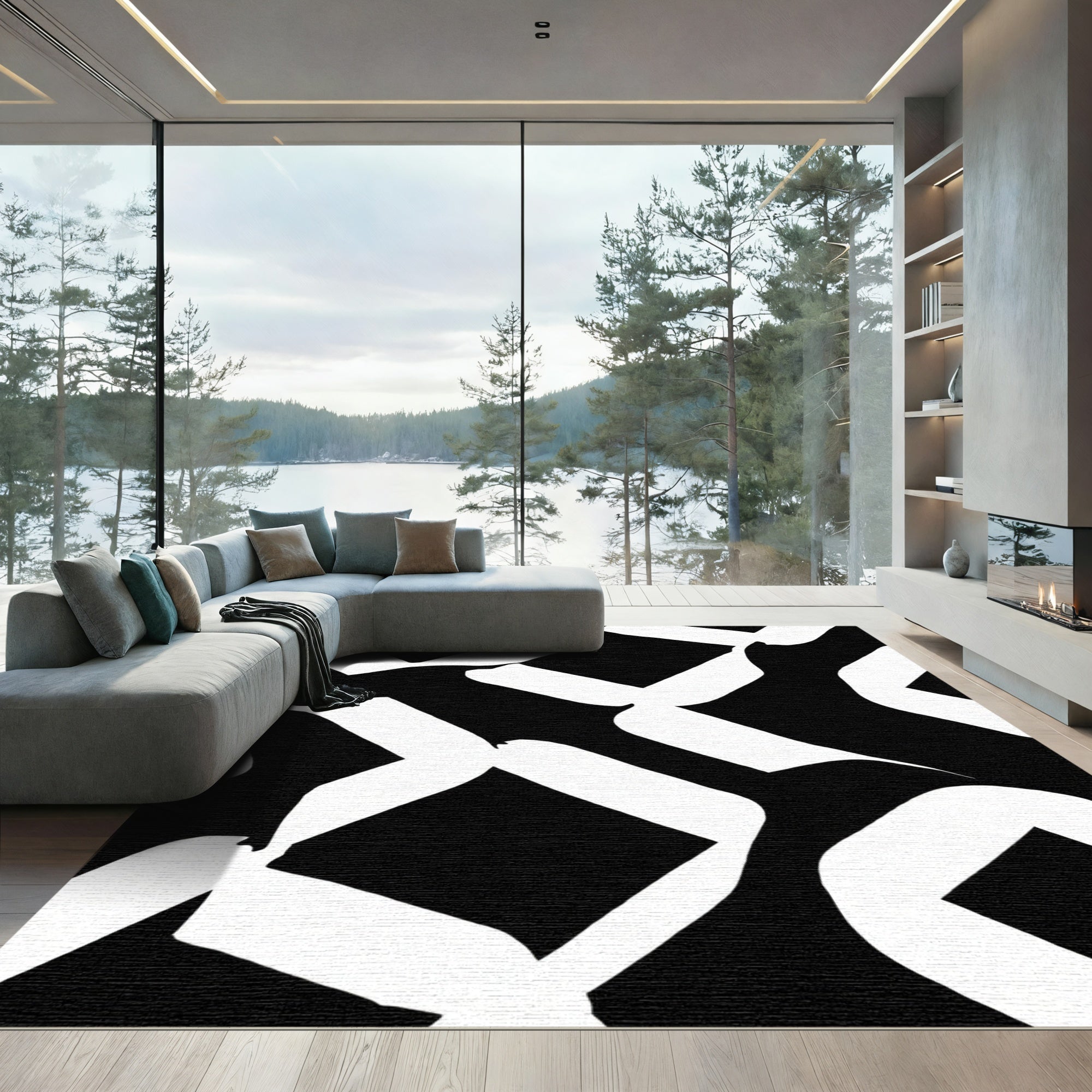 Monochrome Abstract Interlocking Shapes Rug