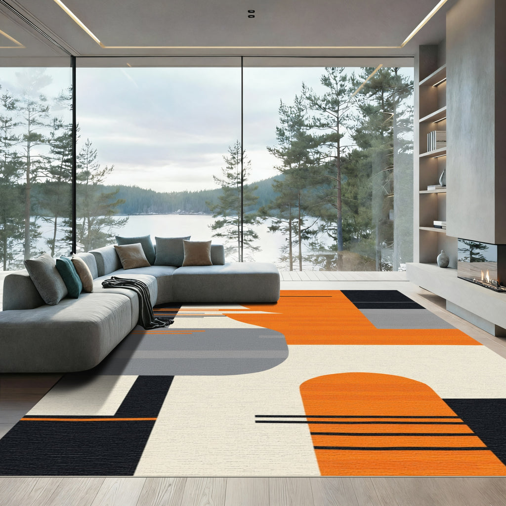 Modern Orange Black Abstract Geometric Blocks Rug