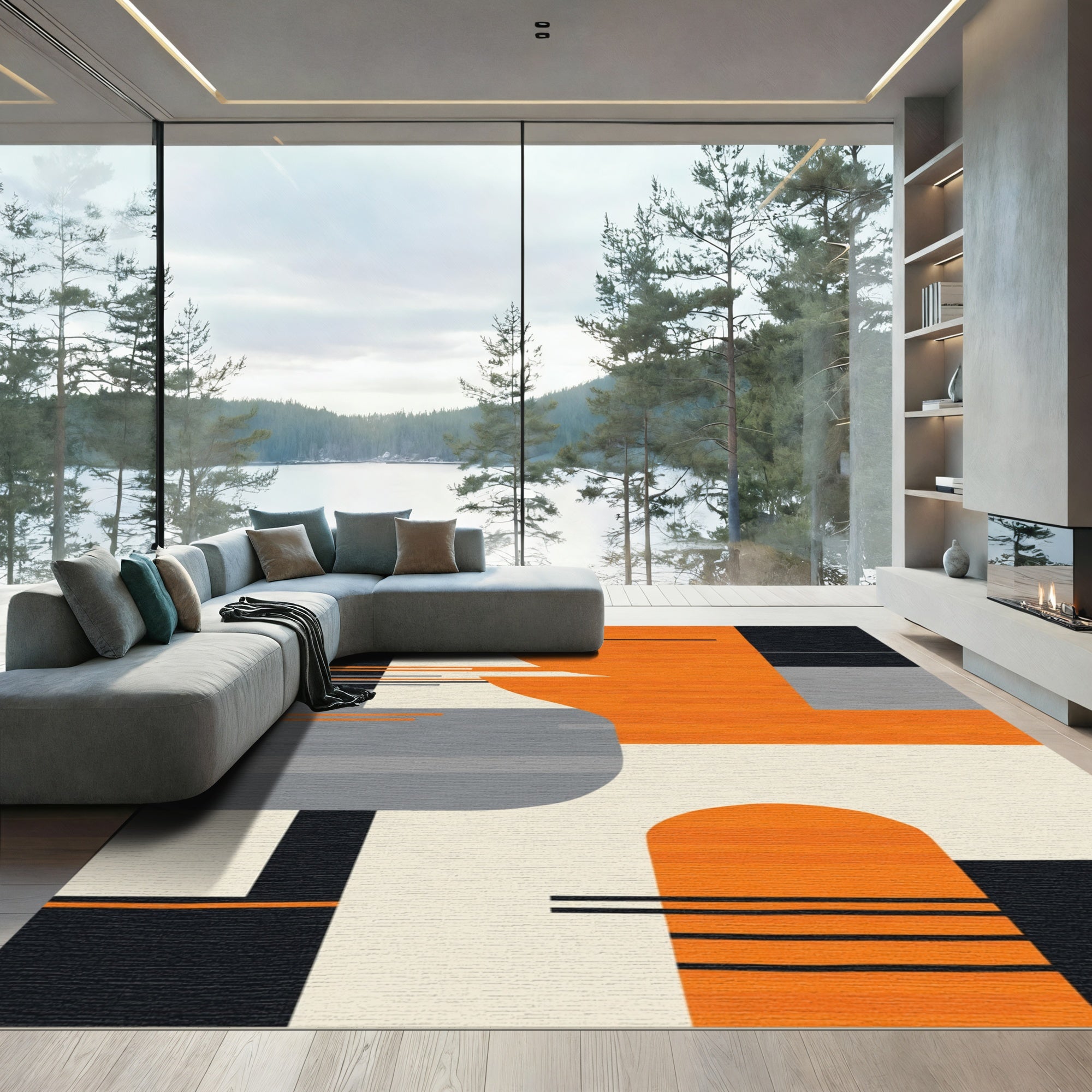 Modern Orange Black Abstract Geometric Blocks Rug
