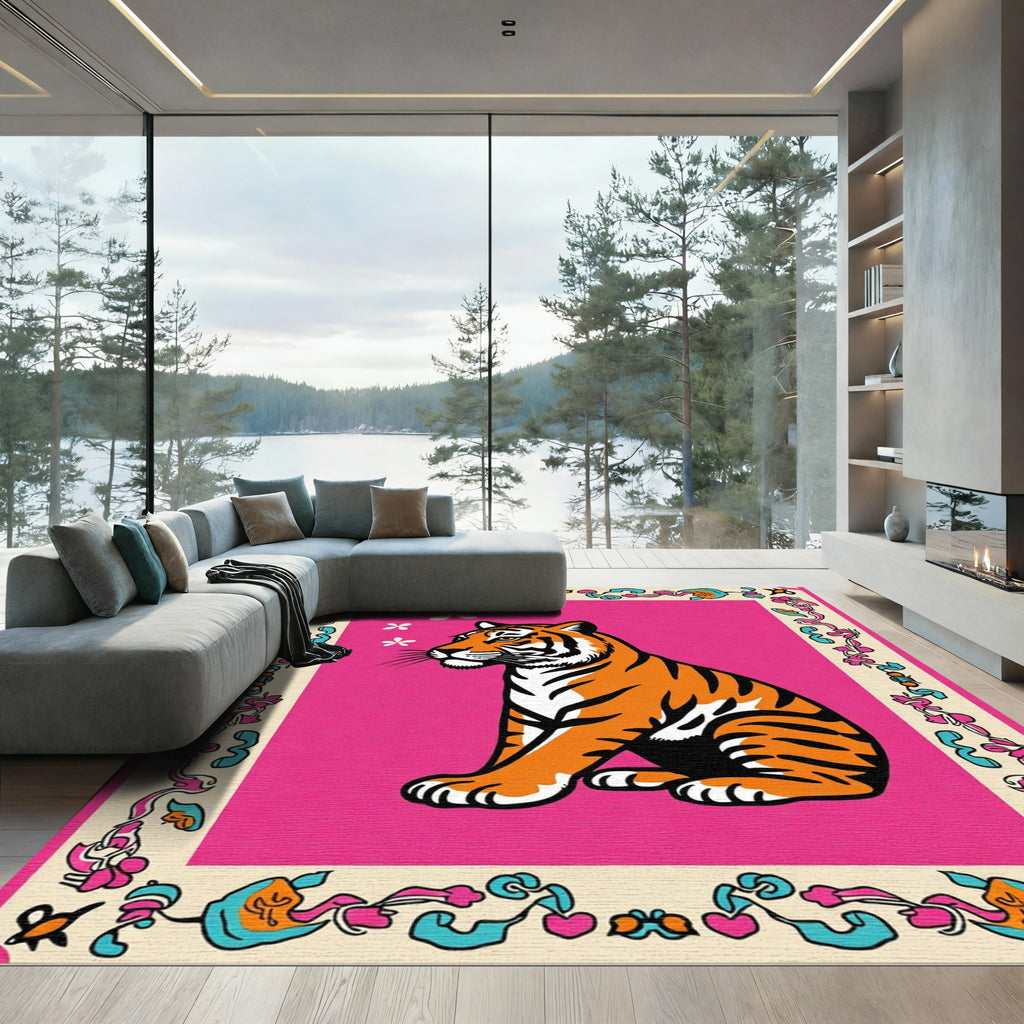 Vibrant Pink Feline Floral Frame Rug
