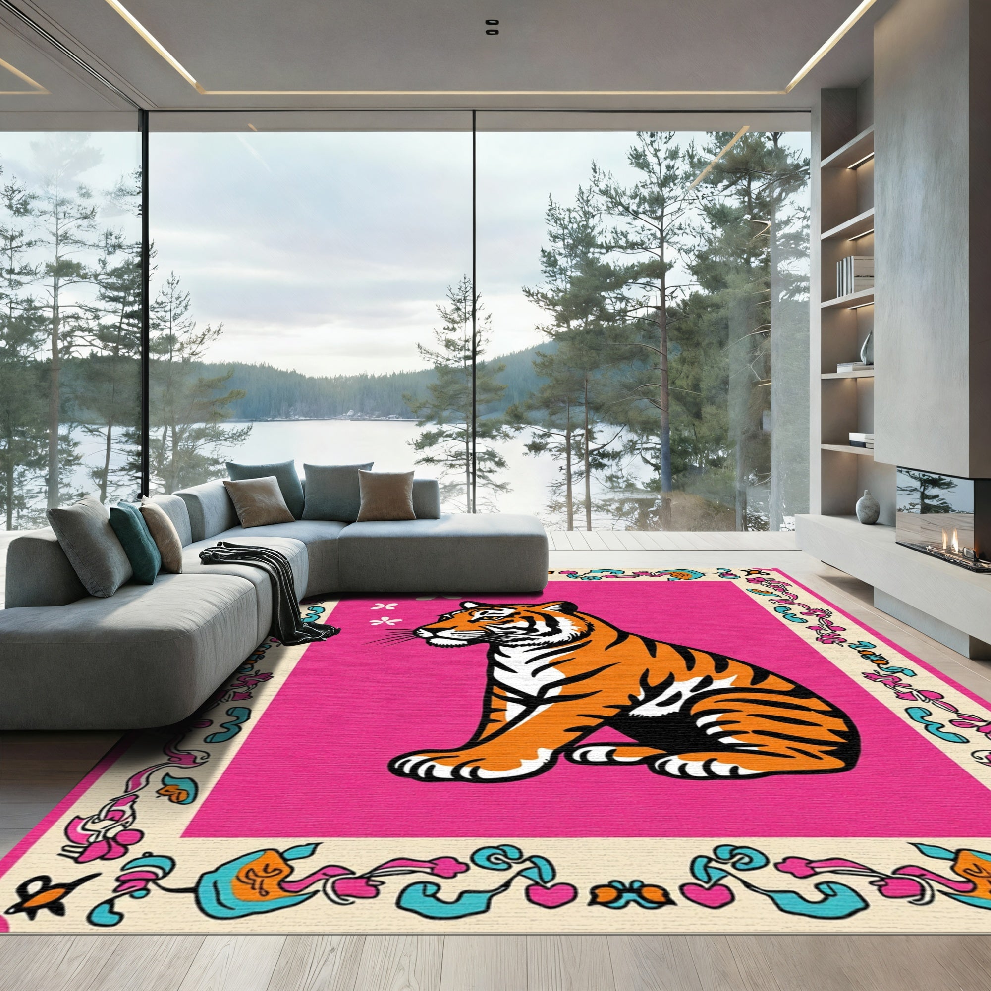 Vibrant Pink Feline Floral Frame Rug