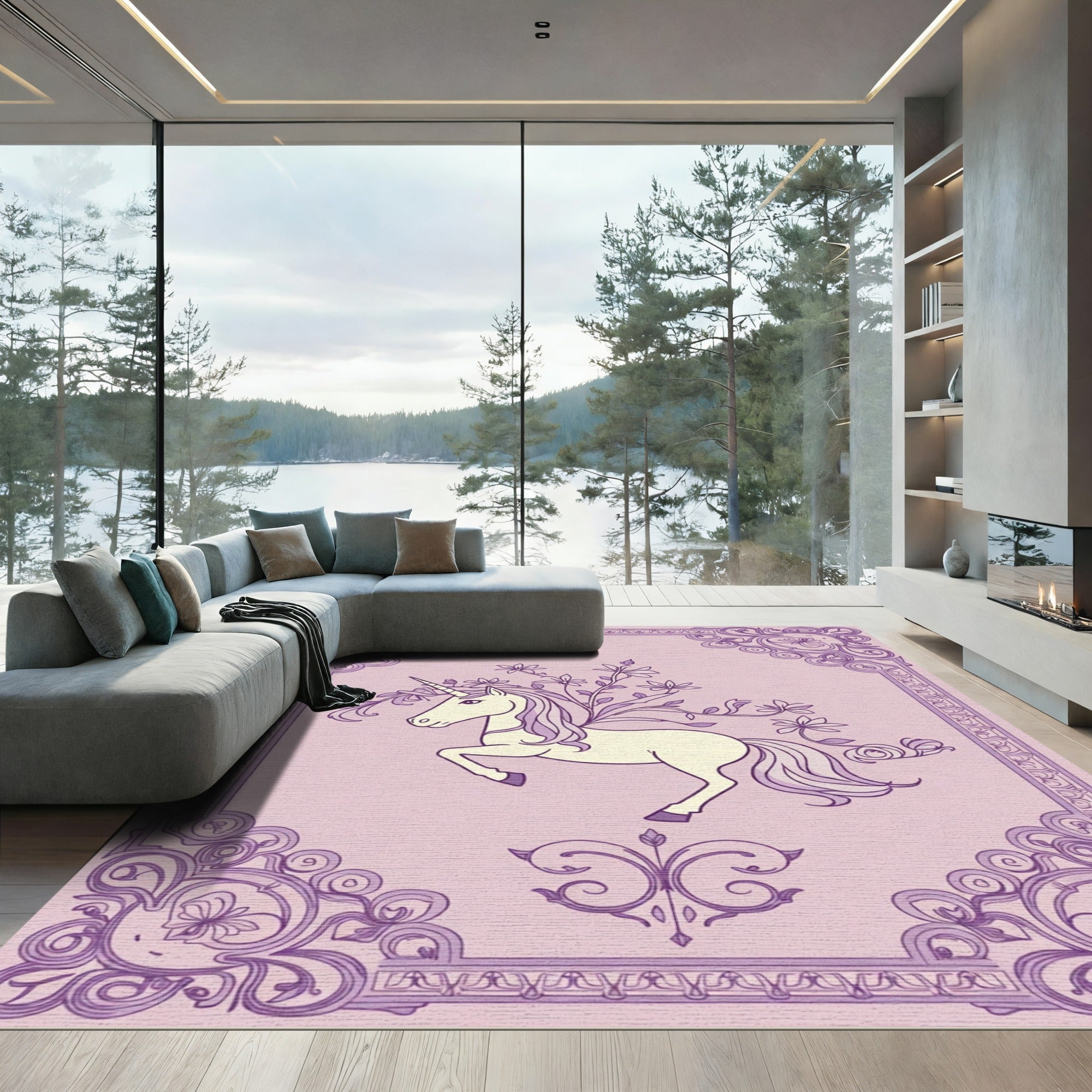 Enchanting Purple Unicorn Floral Frame Rug