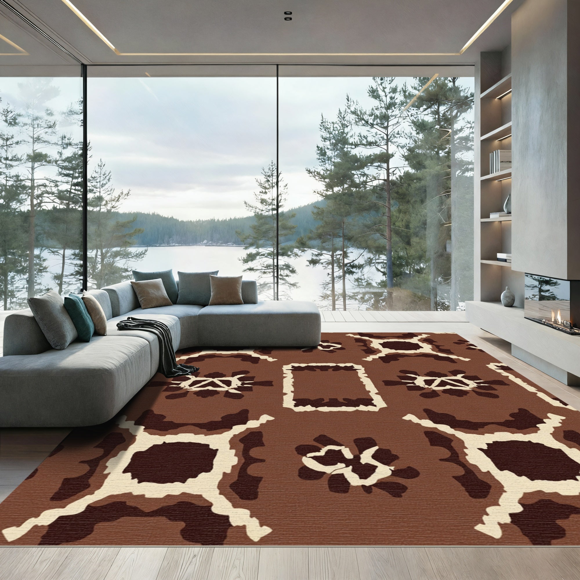 Brown Ochre Geometric Abstract Medallion Rug