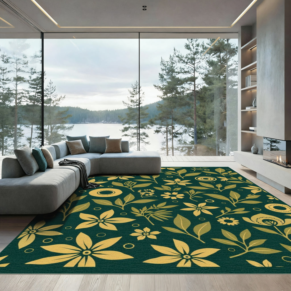 Golden Floral Botanical Branch Pattern Rug