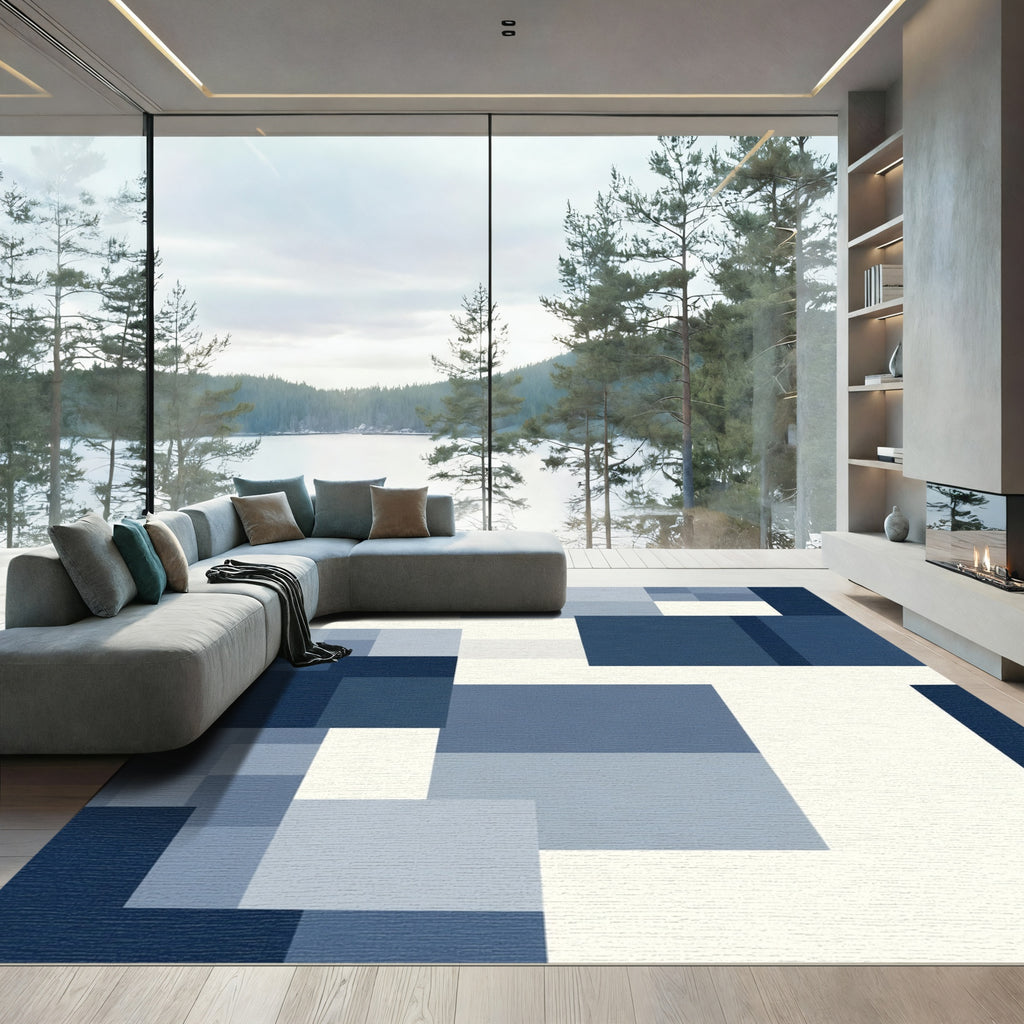 Modern Navy Abstract Blocks Rug