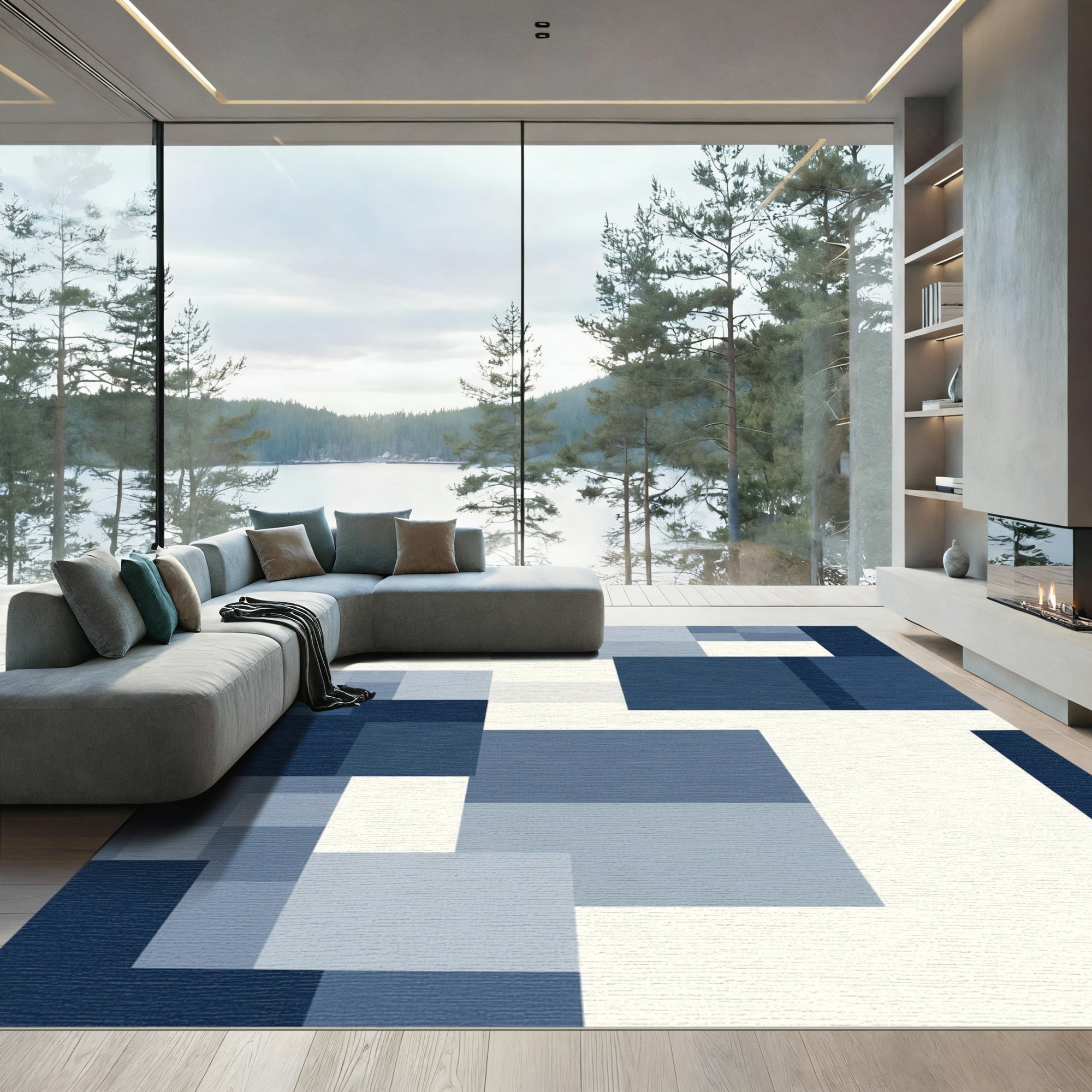 Modern Navy Abstract Blocks Rug