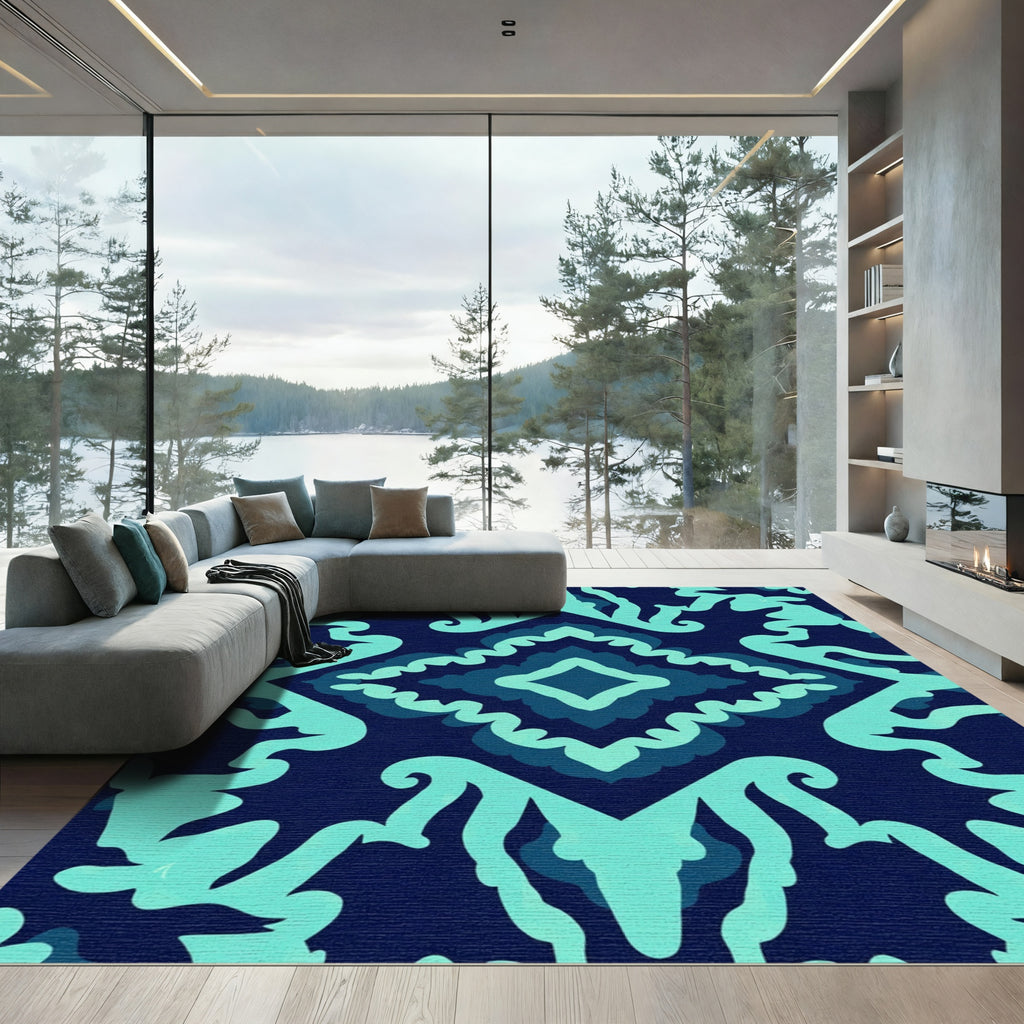 Navy Teal Abstract Diamond Ornament Rug