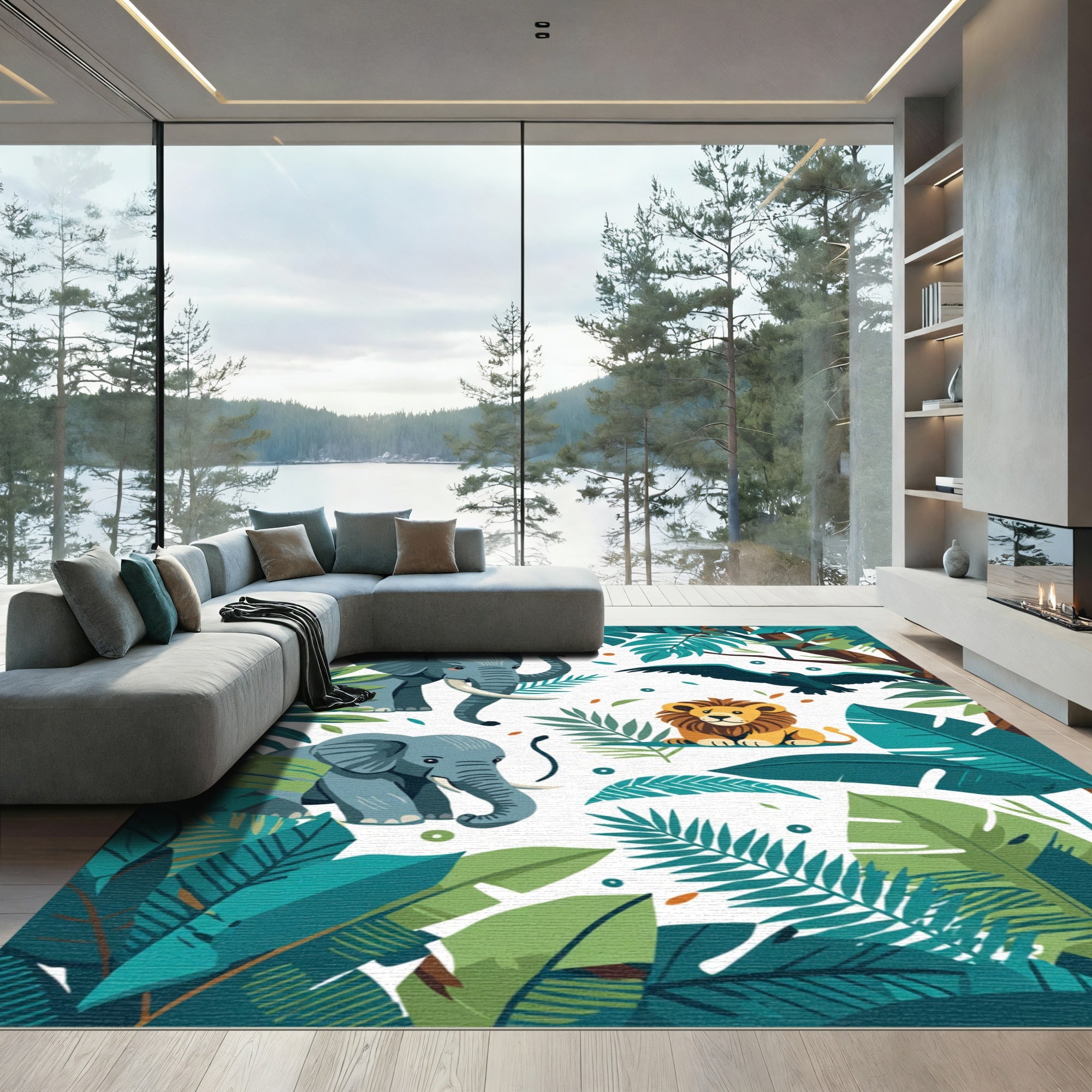 Jungle Animals And Tropical Leaves Rug