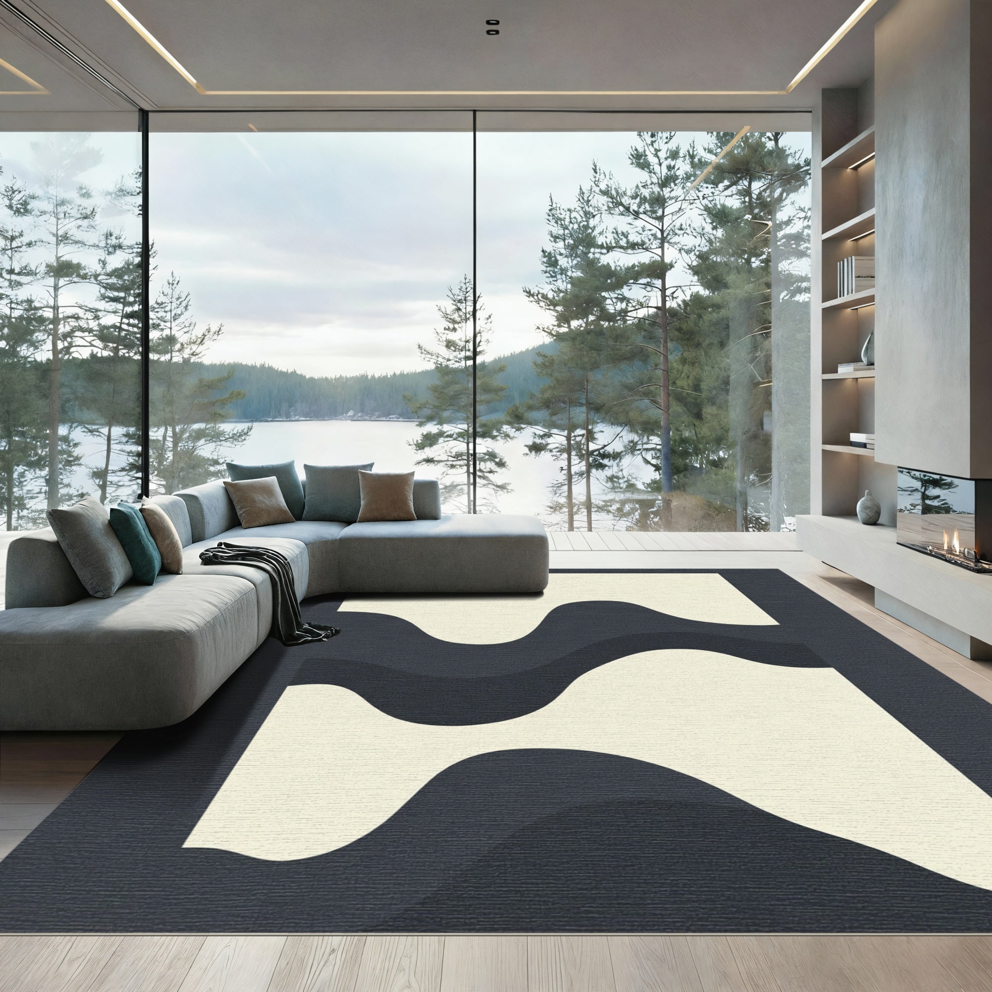 Cream and Charcoal Abstract Wave Rug