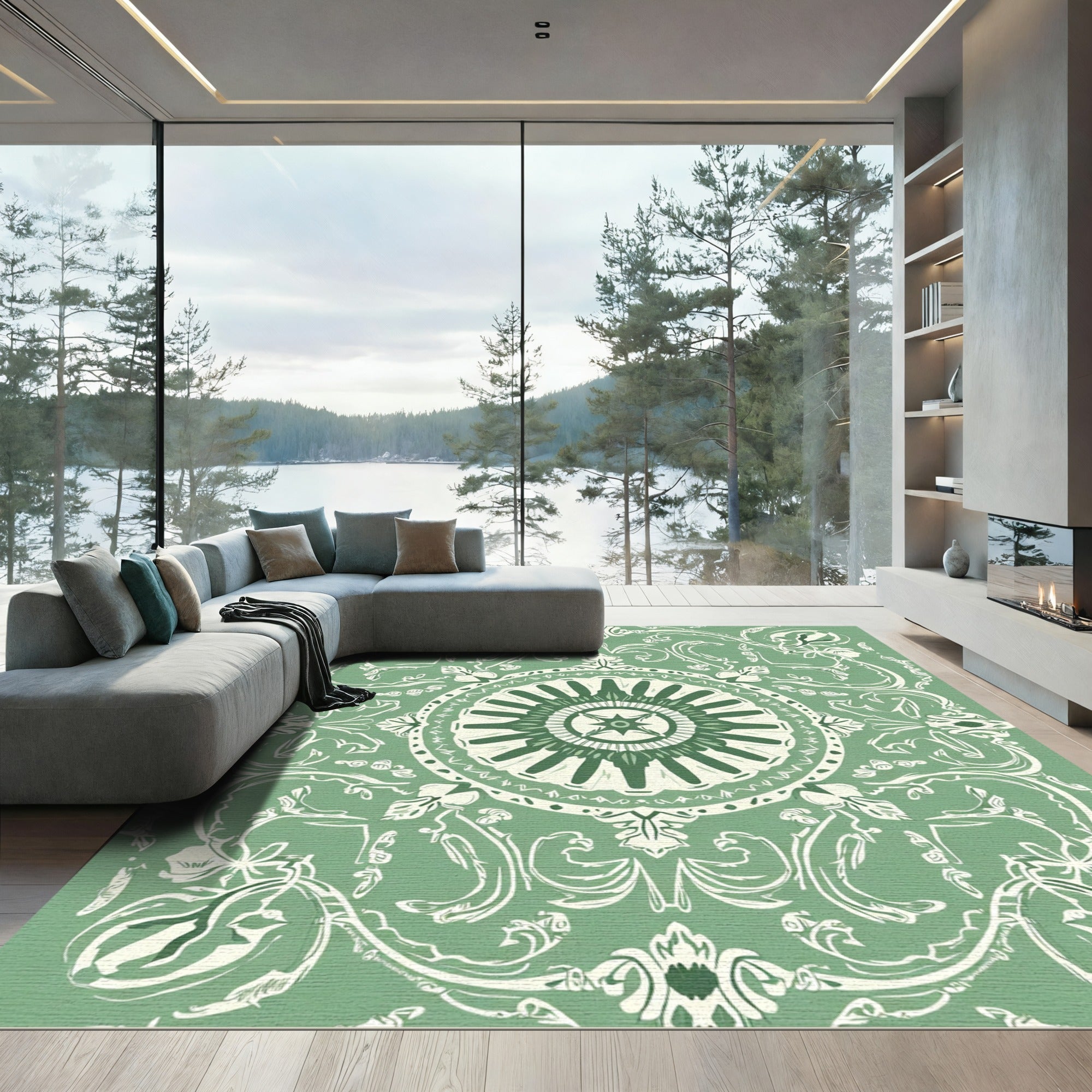 Sage Green Floral Medallion Scrollwork Rug