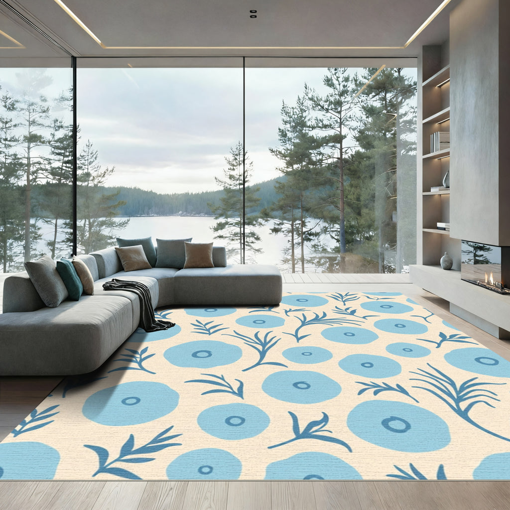 Blue Floral Sprig Patterned Rug