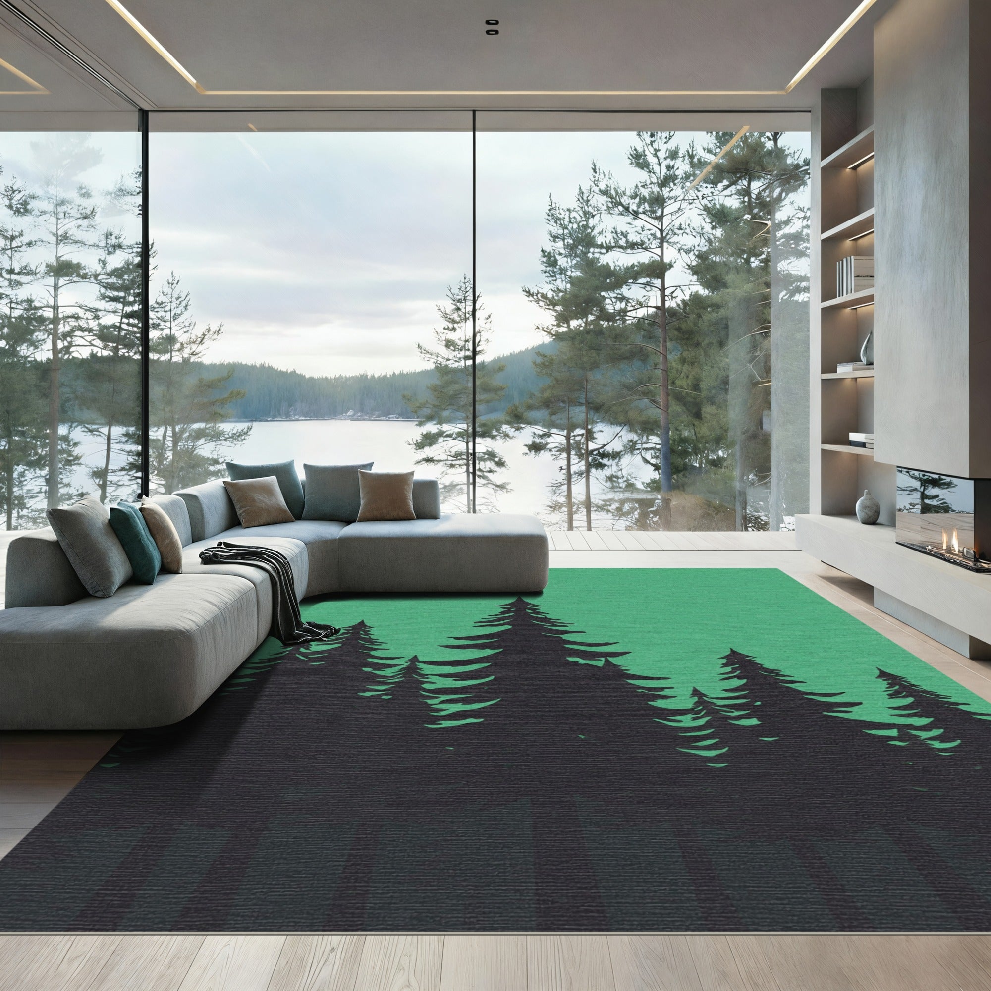Dark Pine Forest Scene Rug