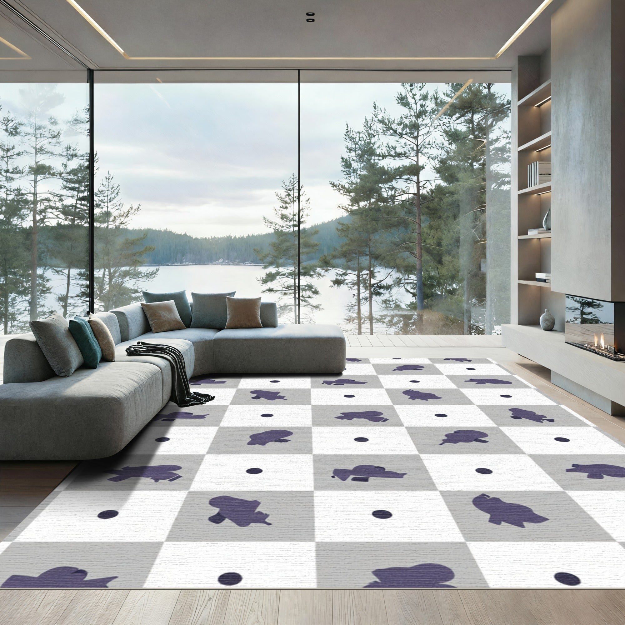 Gray White Abstract Blob Grid Rug