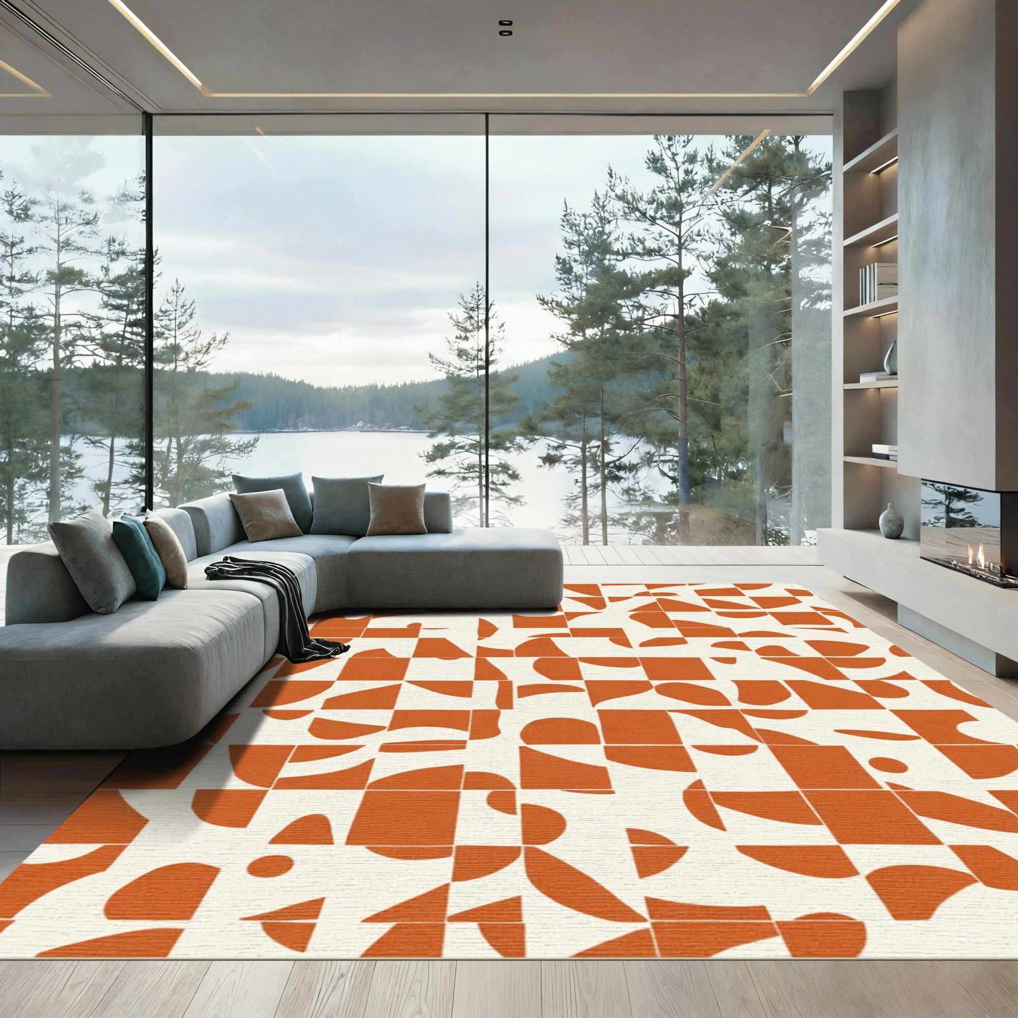 Terracotta Abstract Organic Grid Rug