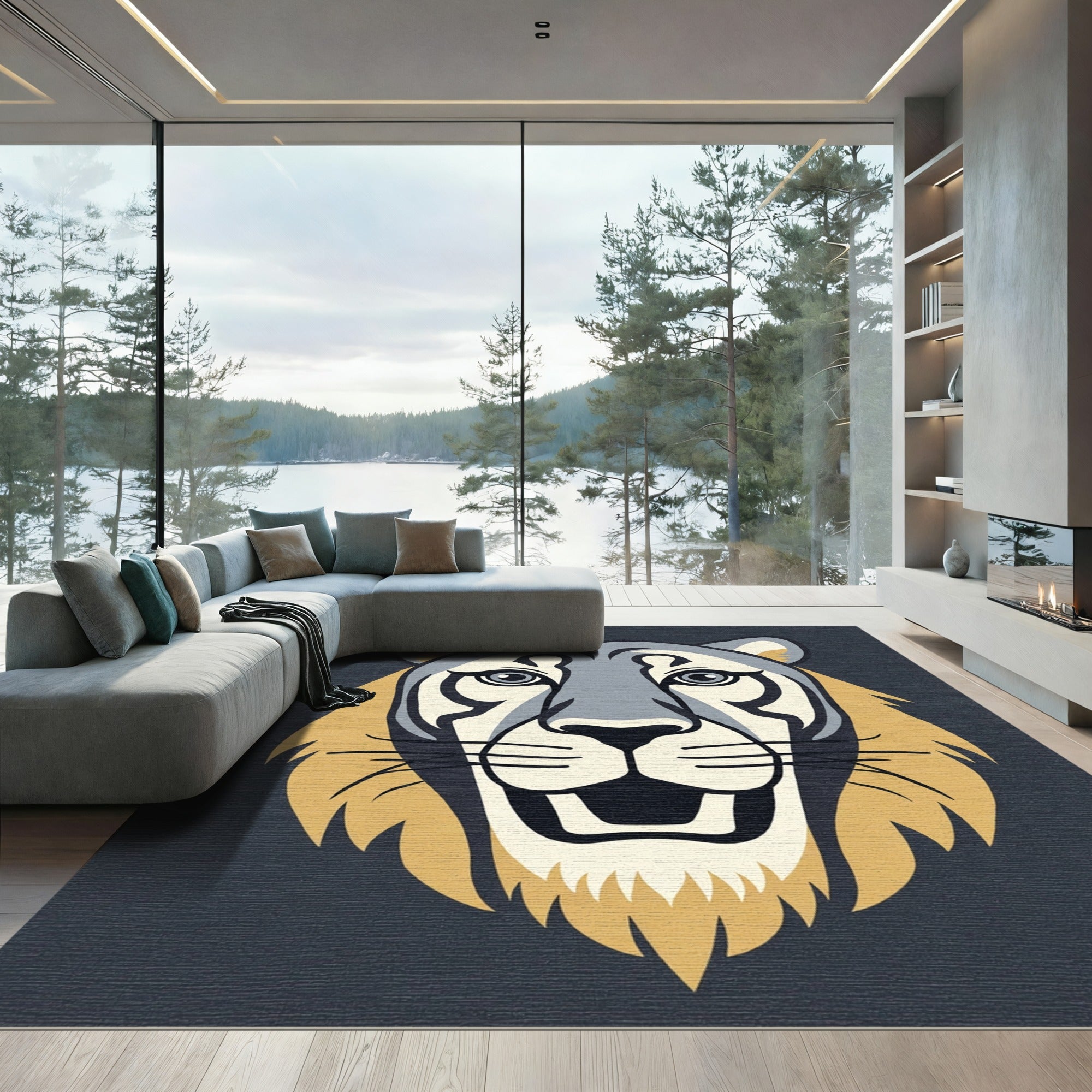 Bold Gray Golden Lion Face Rug