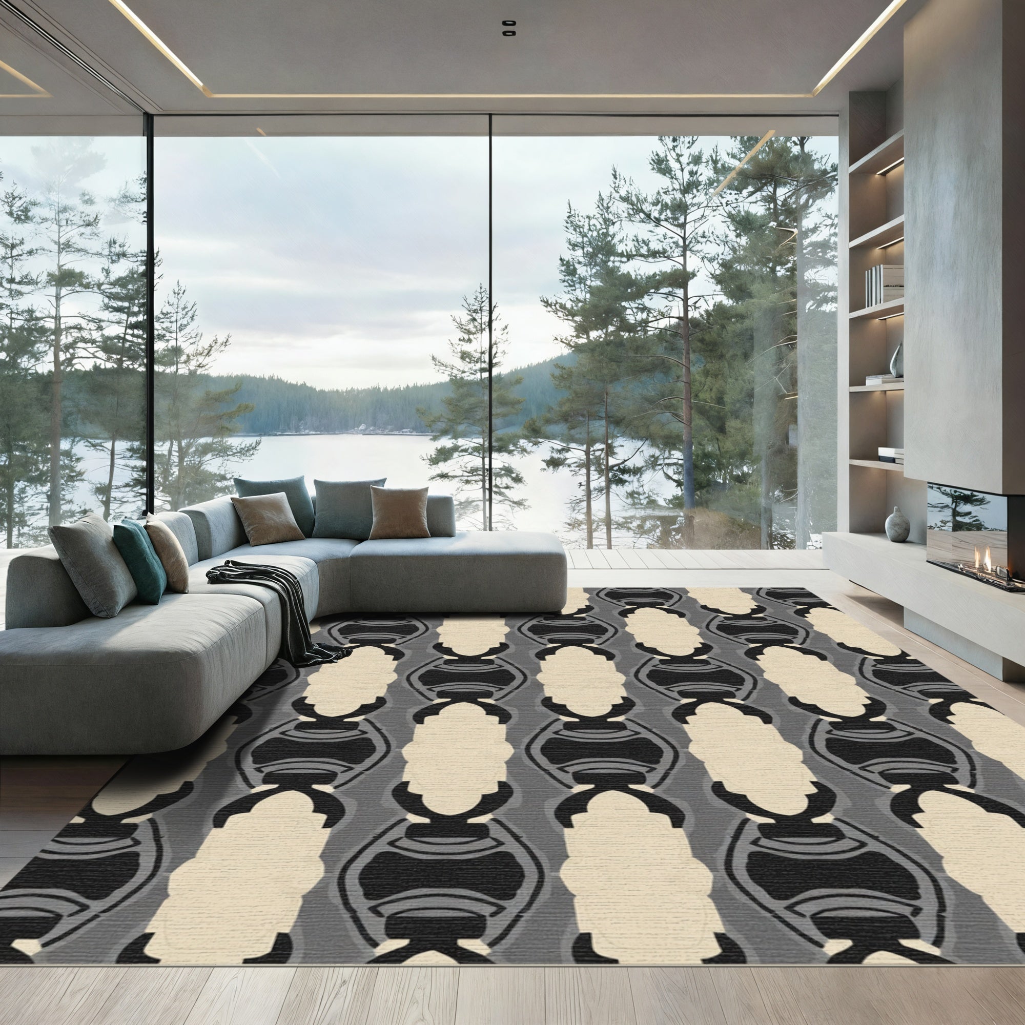 Modern Beige Black Abstract Oval Rug