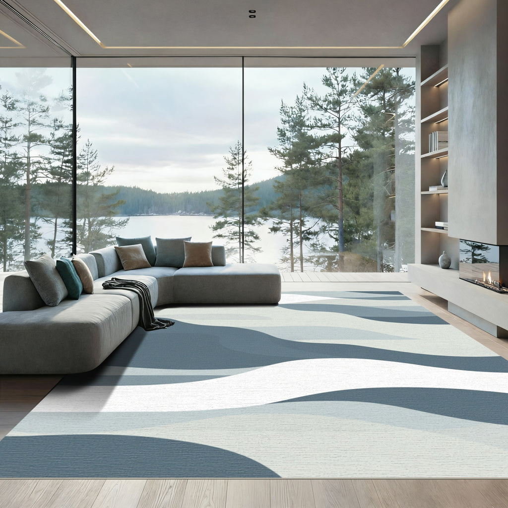 Cool Blue Landscape Flowing Waves Rug
