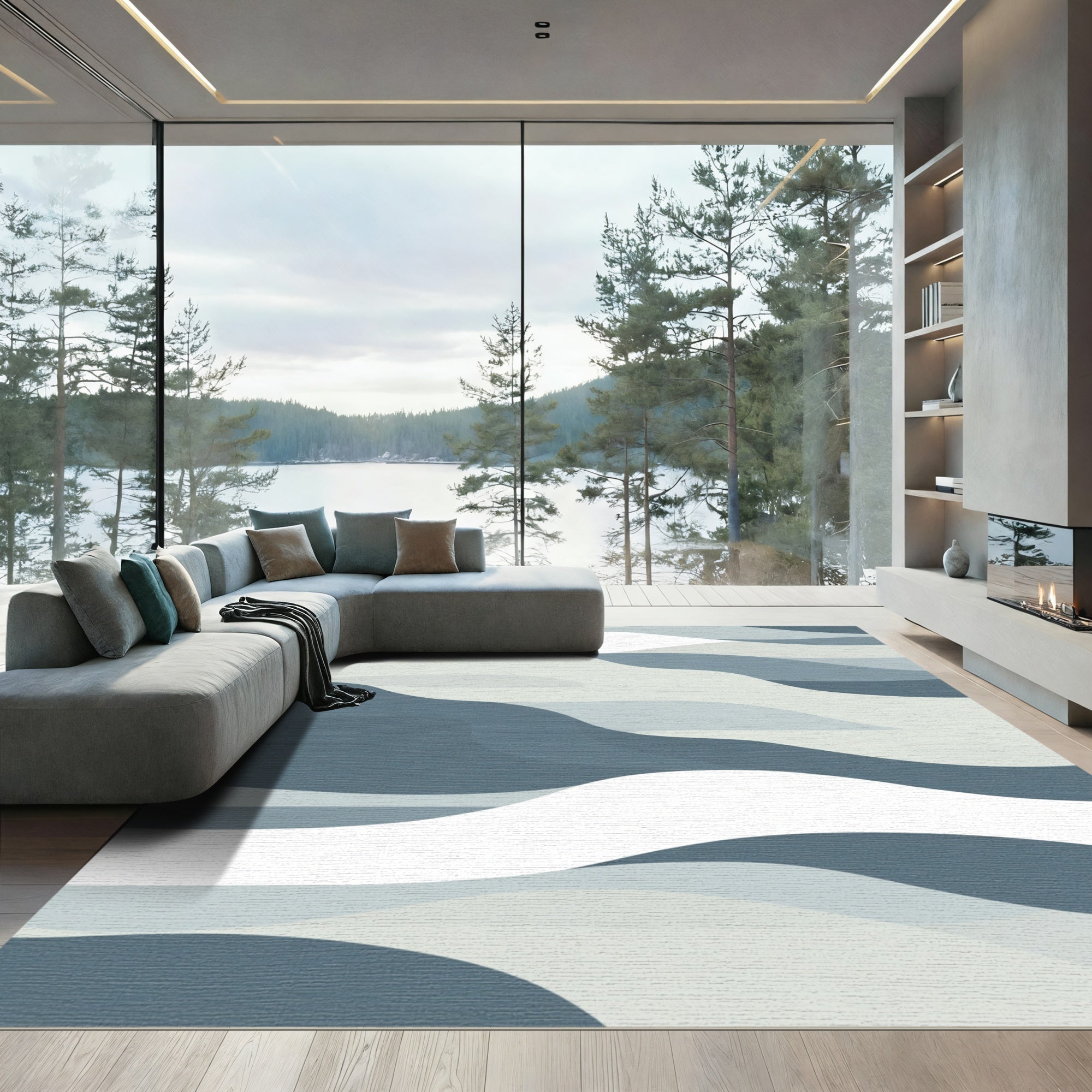 Cool Blue Landscape Flowing Waves Rug