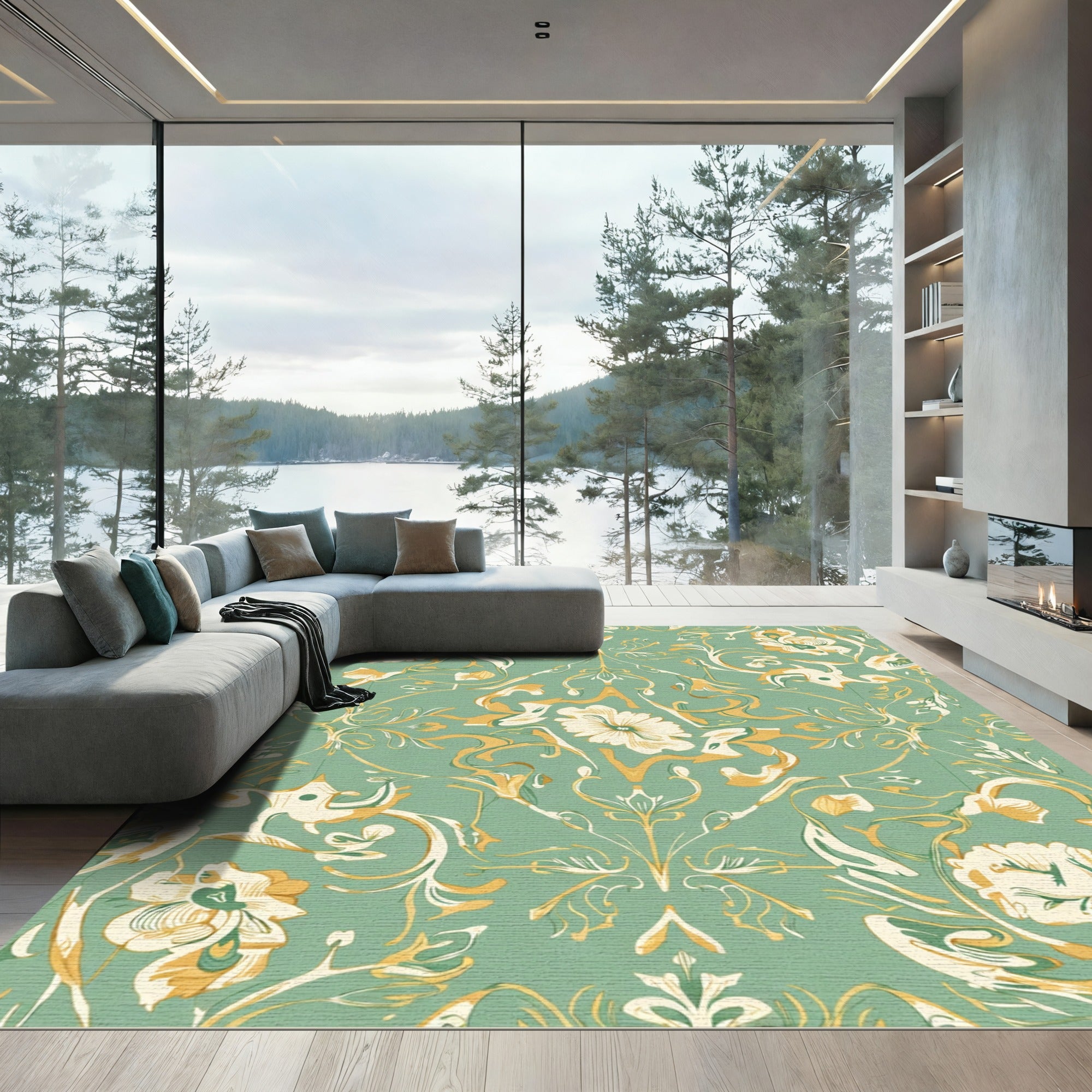 Mint Green Floral Scroll Art Nouveau Rug