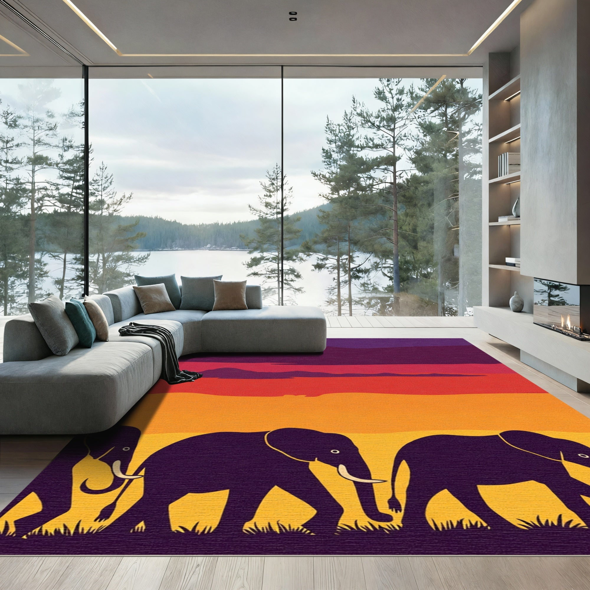 Vibrant Purple Sunset Elephant Herd Rug