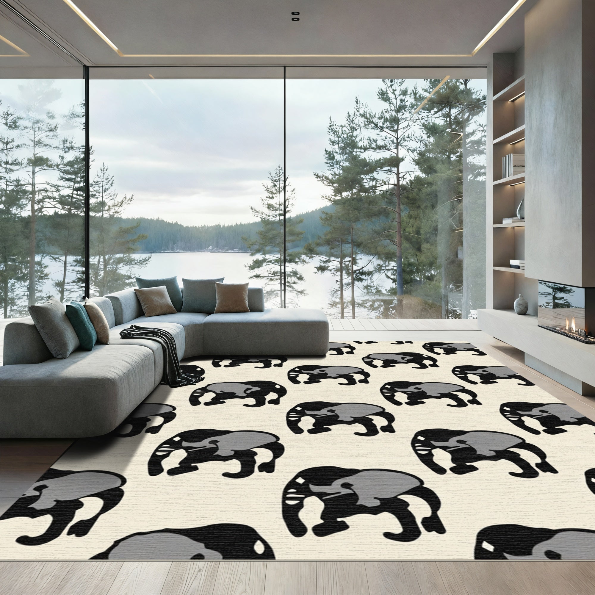 Bold Black Gray Elephant Repeat Rug
