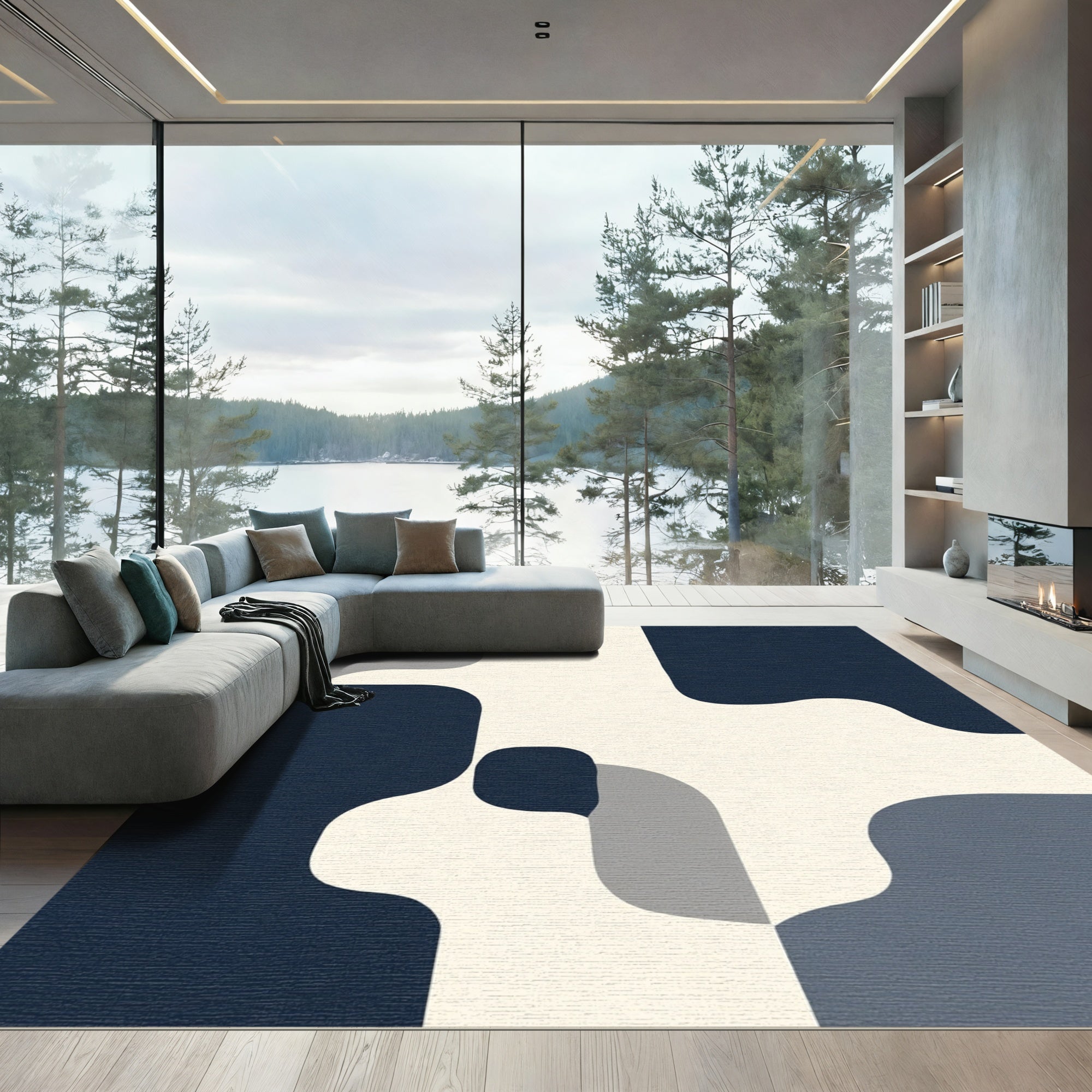 Modern Abstract Navy Cream Shapes Rug