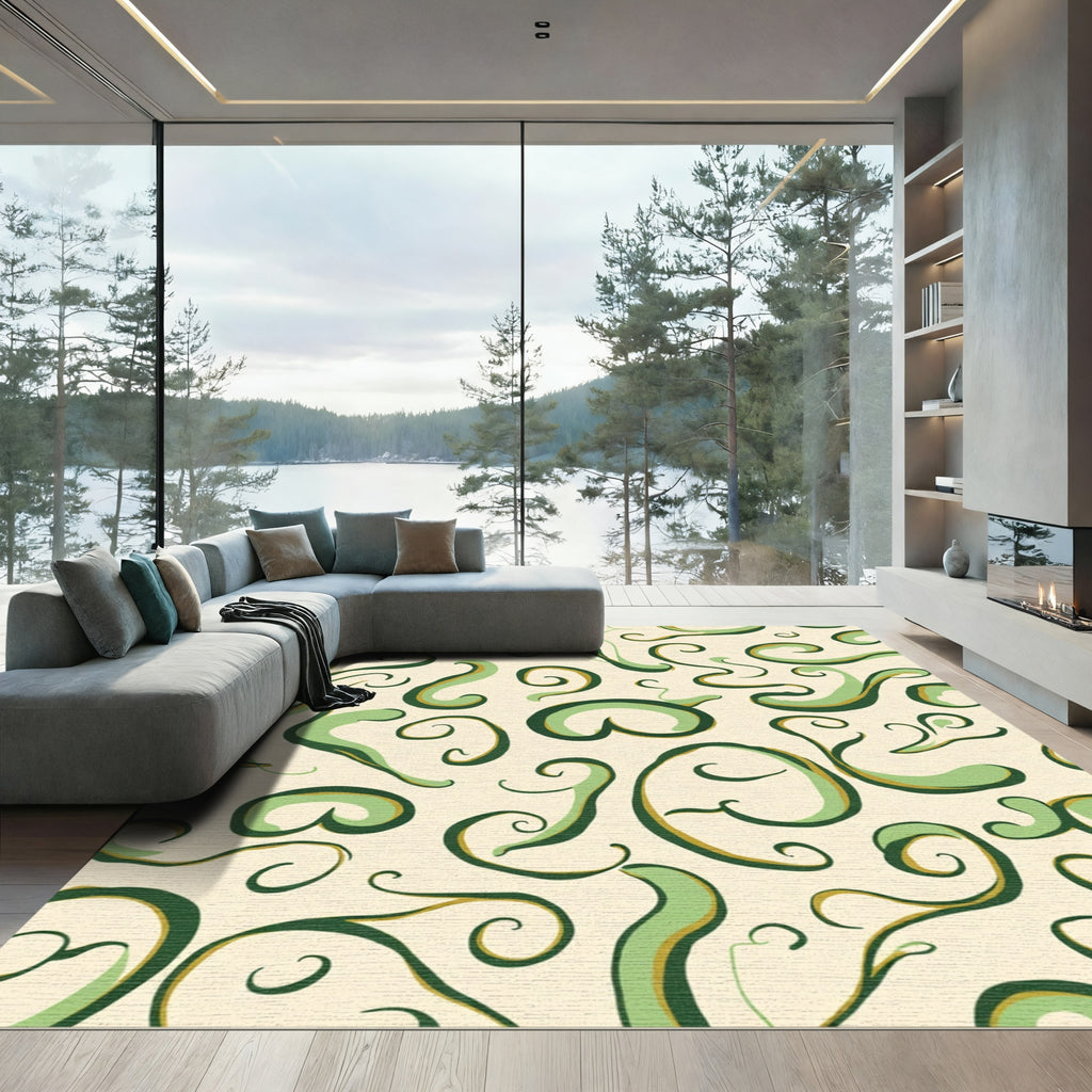 Cream Green Swirl Abstract Art Rug